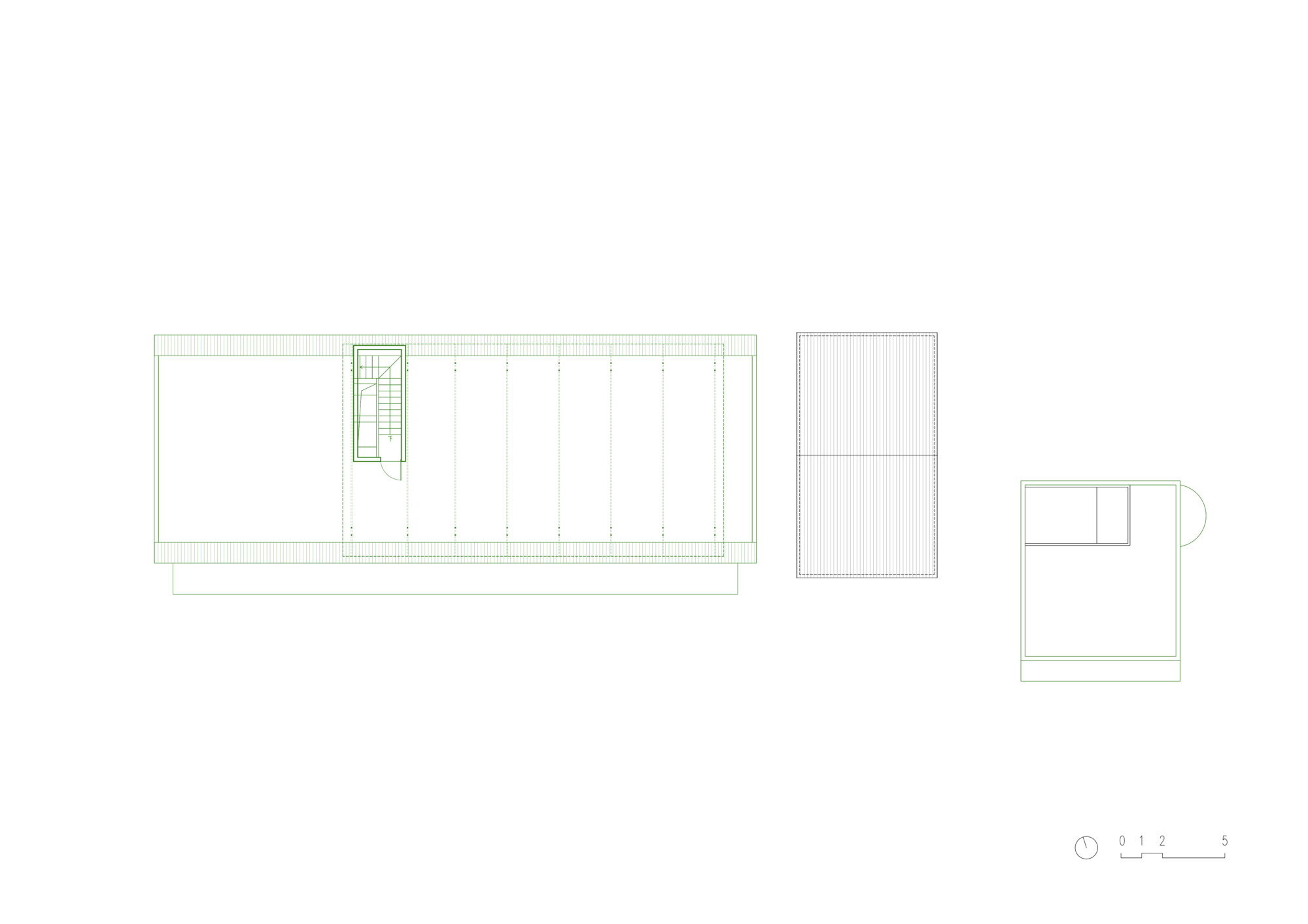 Floor plan drawing showing a long rectangular volume with staircase and three separate smaller structures