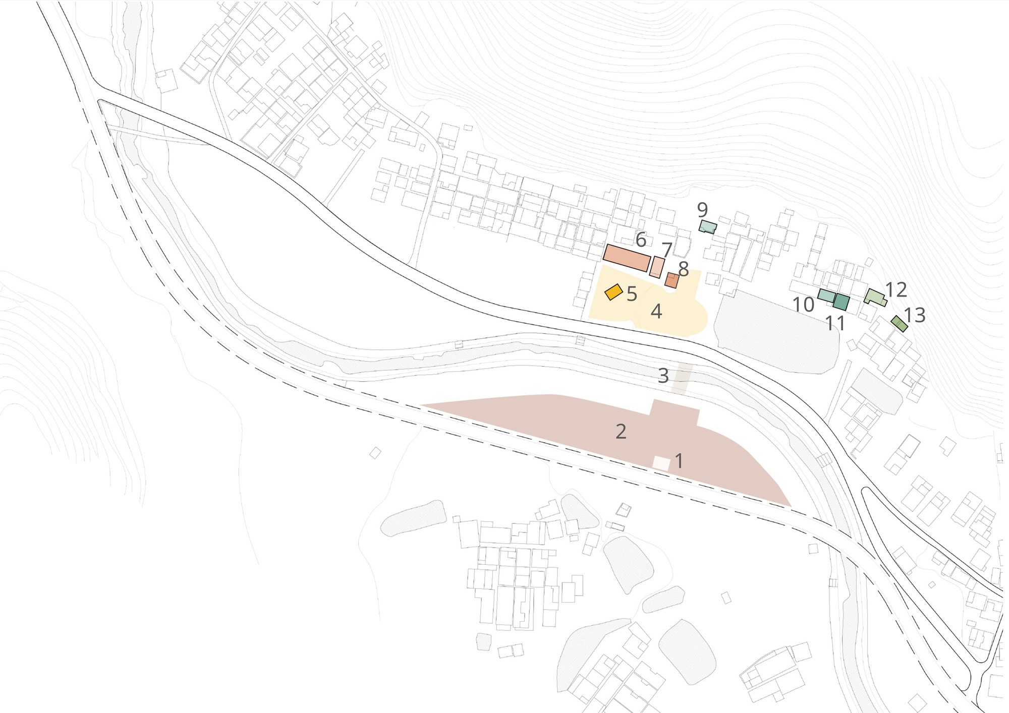 Site plan drawing showing numbered building clusters positioned between roadways with topographic terrain lines