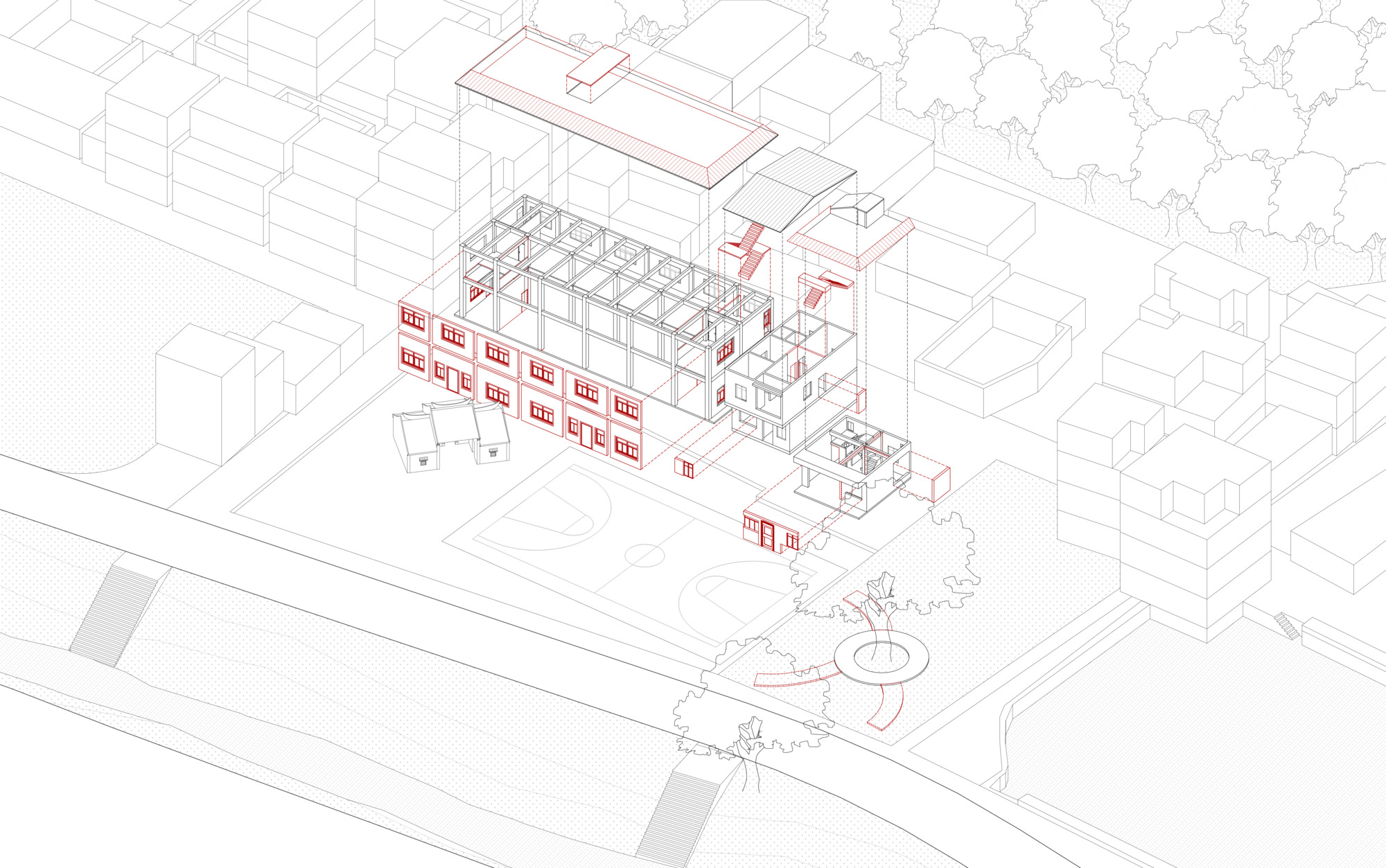 Axonometric drawing highlighting circulation paths in red through a structural frame within surrounding context buildings