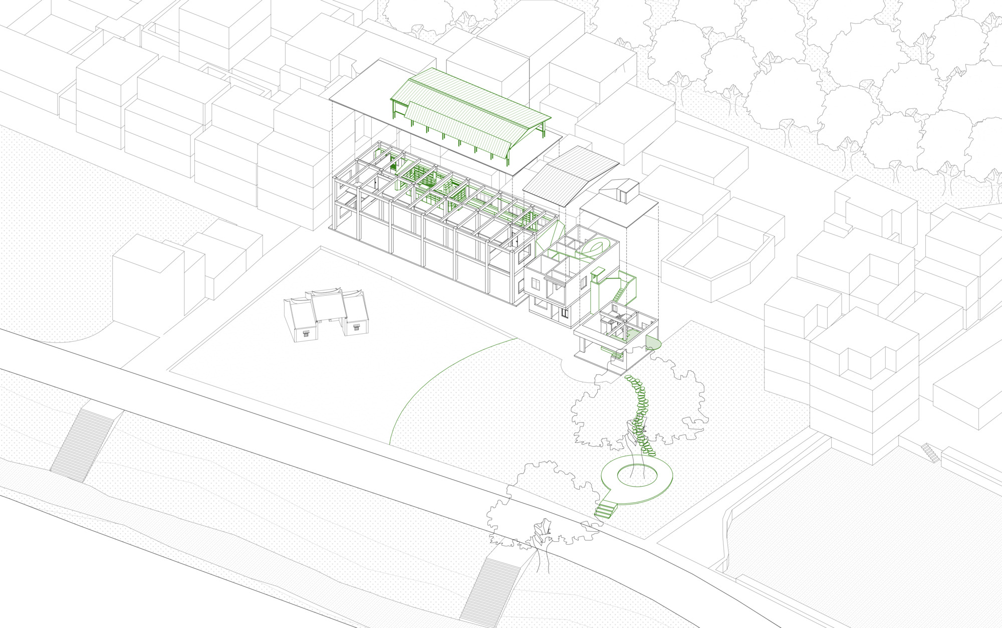 Axonometric drawing showing planted terraces and vegetation paths in green through a layered building structure