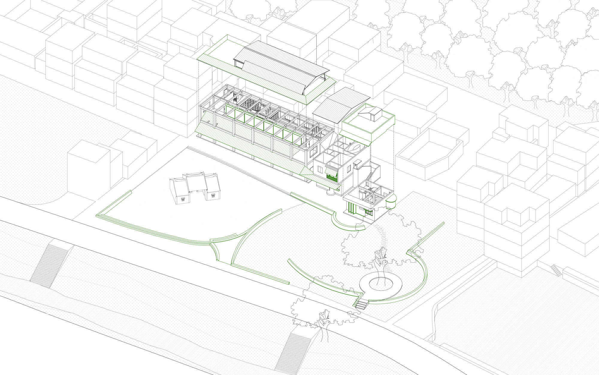 Axonometric drawing showing a linear building with glazed facade and curved pathways amid surrounding urban blocks
