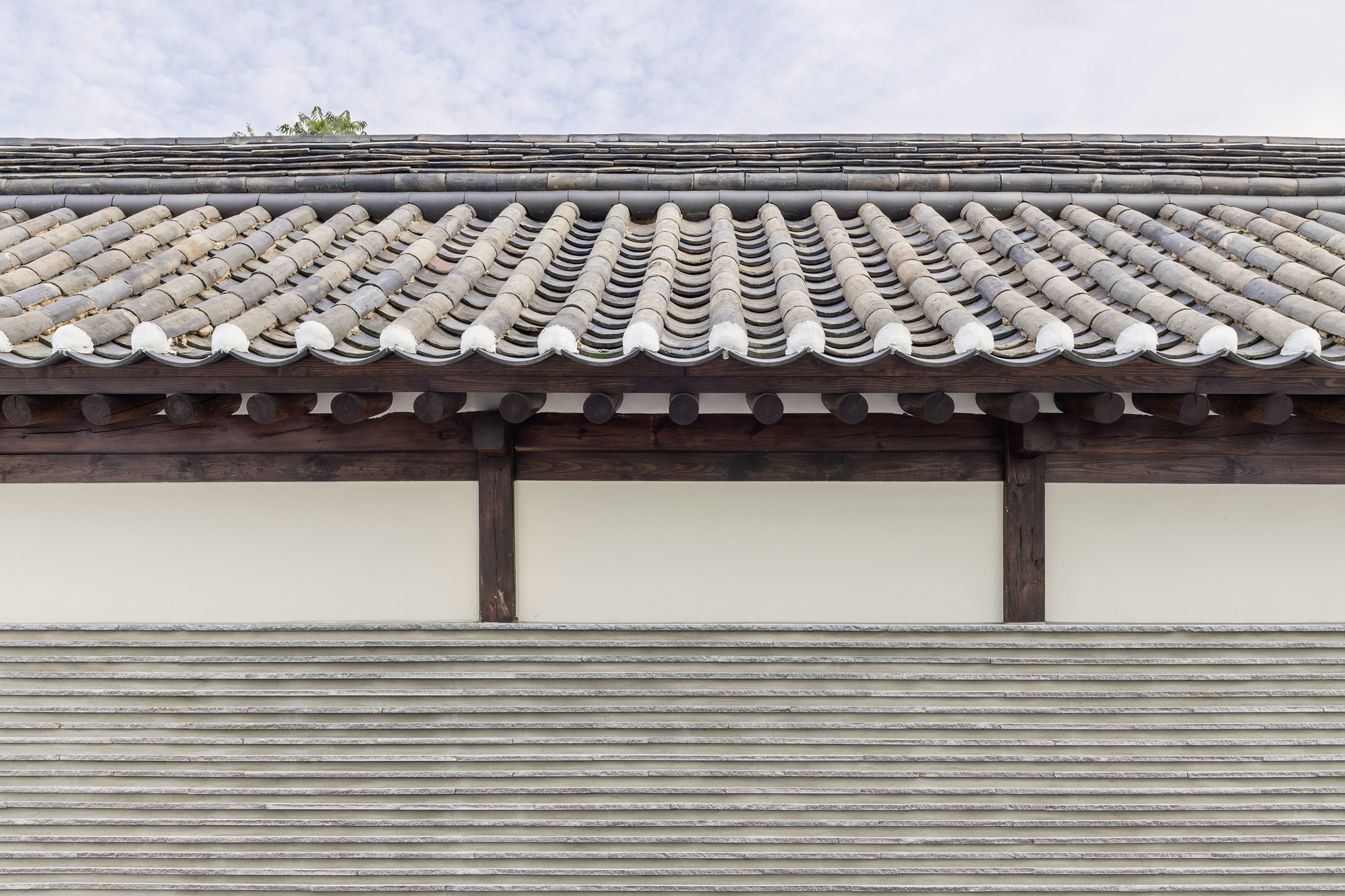 Detail of curved grey clay roof tiles above timber rafters and a white plaster wall