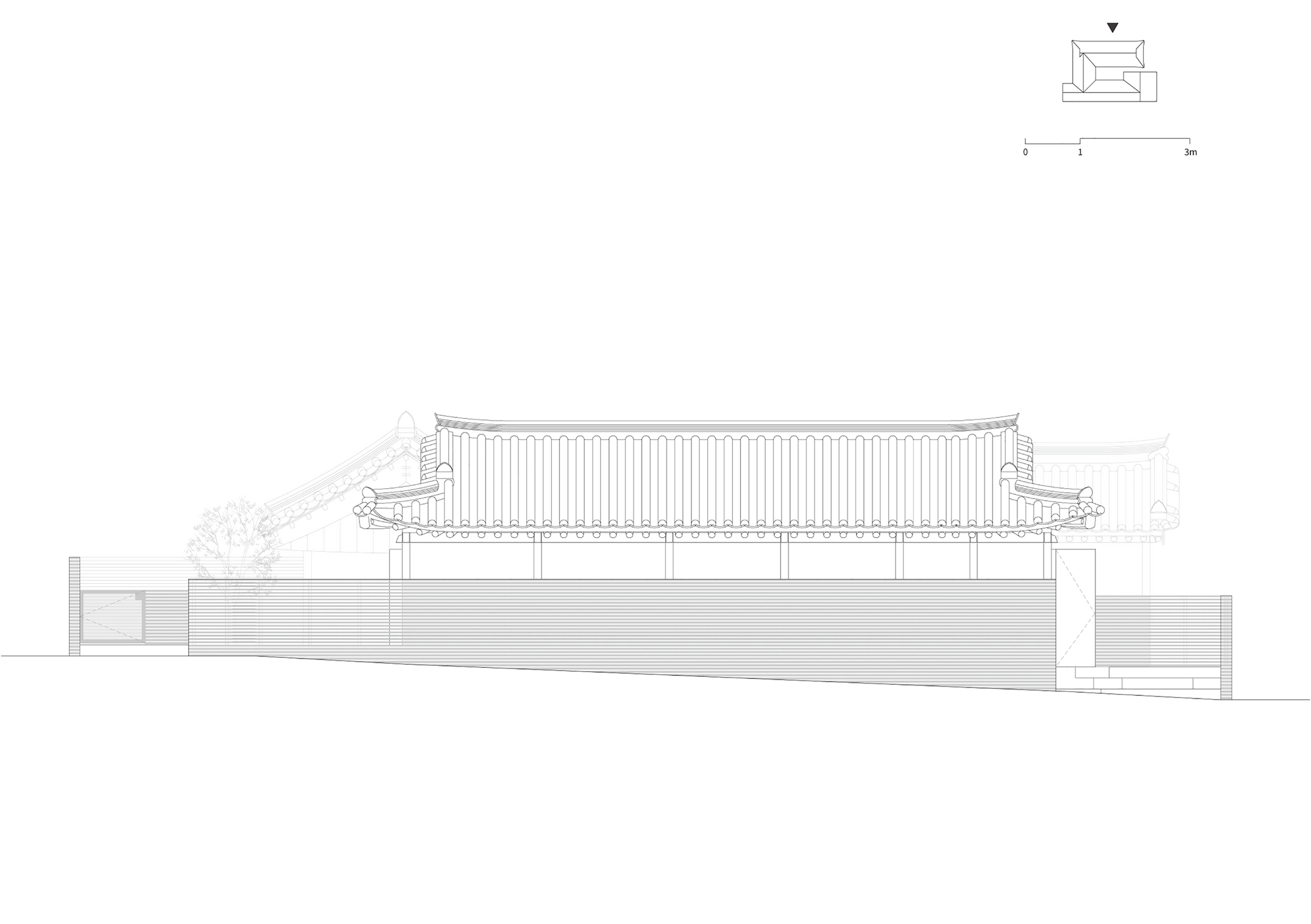 Elevation drawing showing a building with traditional tiled roof and horizontal slat detailing