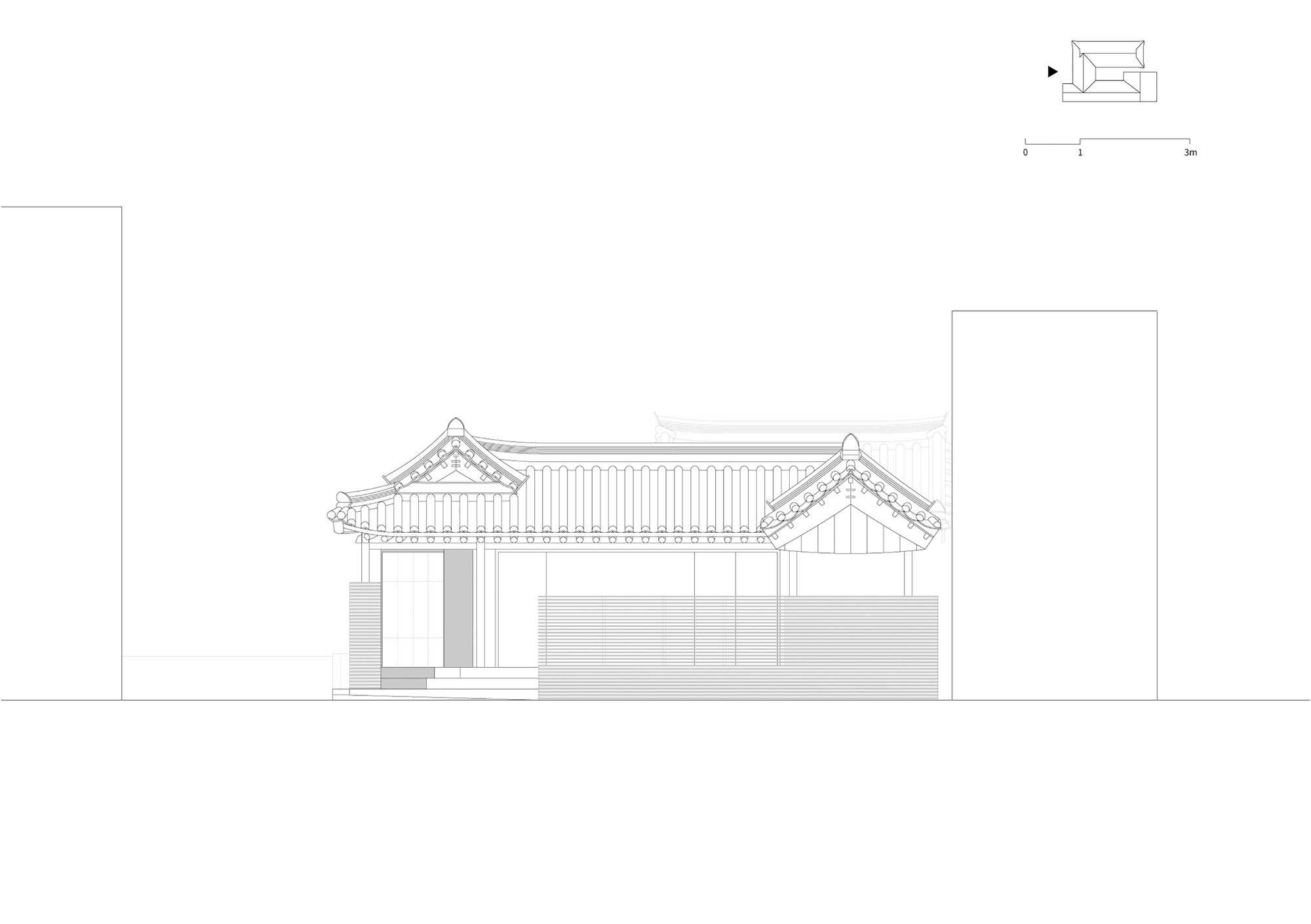 Elevation drawing depicting a gabled structure with flared roof eaves and timber columns