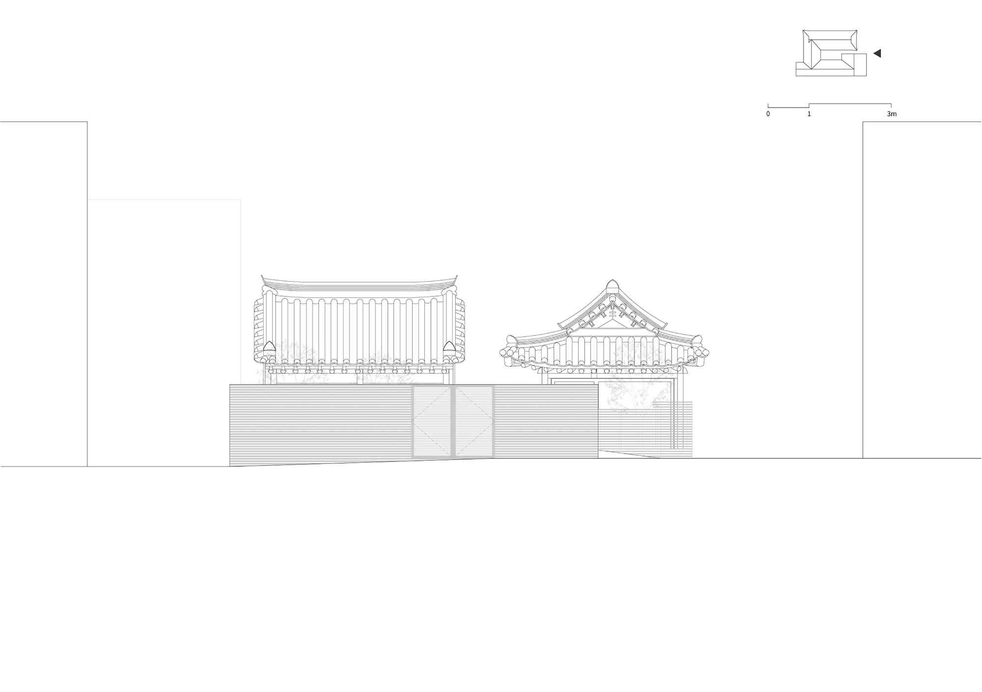 Elevation drawing showing two adjacent volumes with varying roof forms and traditional eaves
