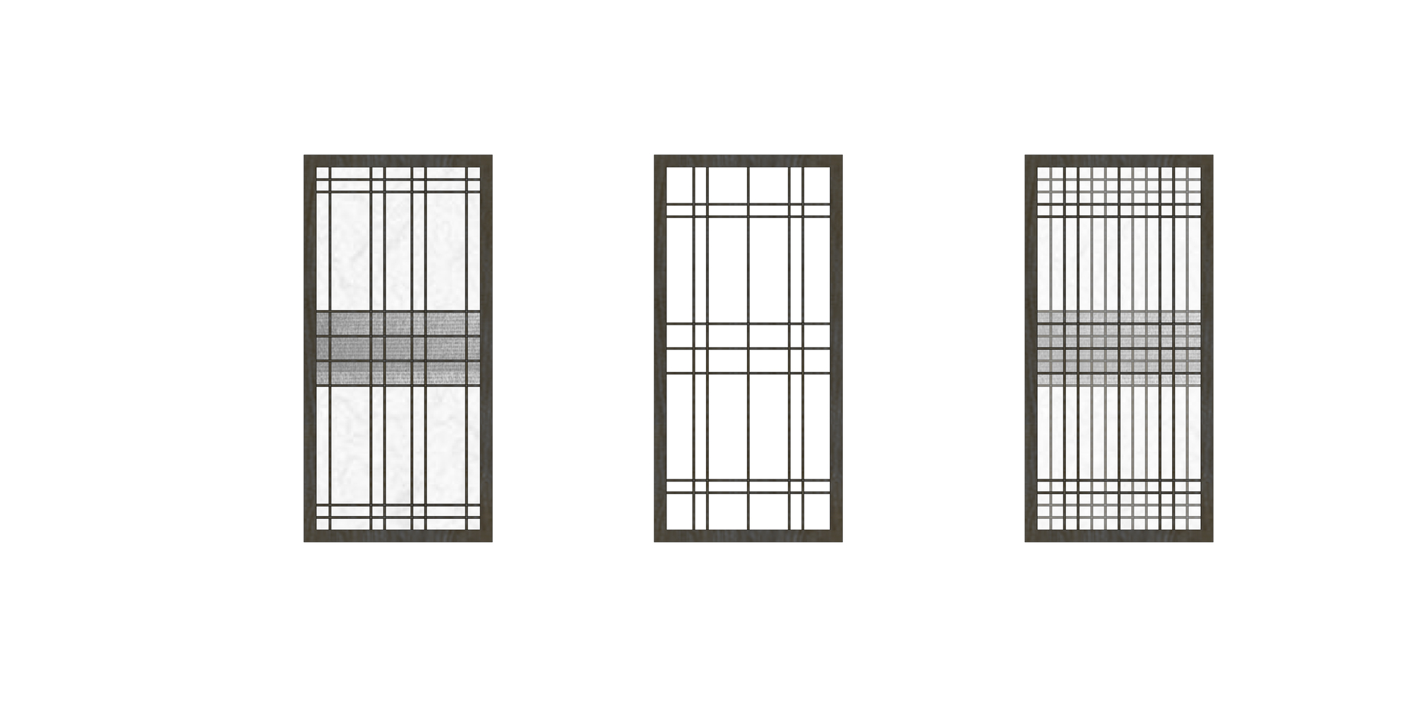 Elevation drawings of three gridded screen panels with varying horizontal and vertical bar patterns