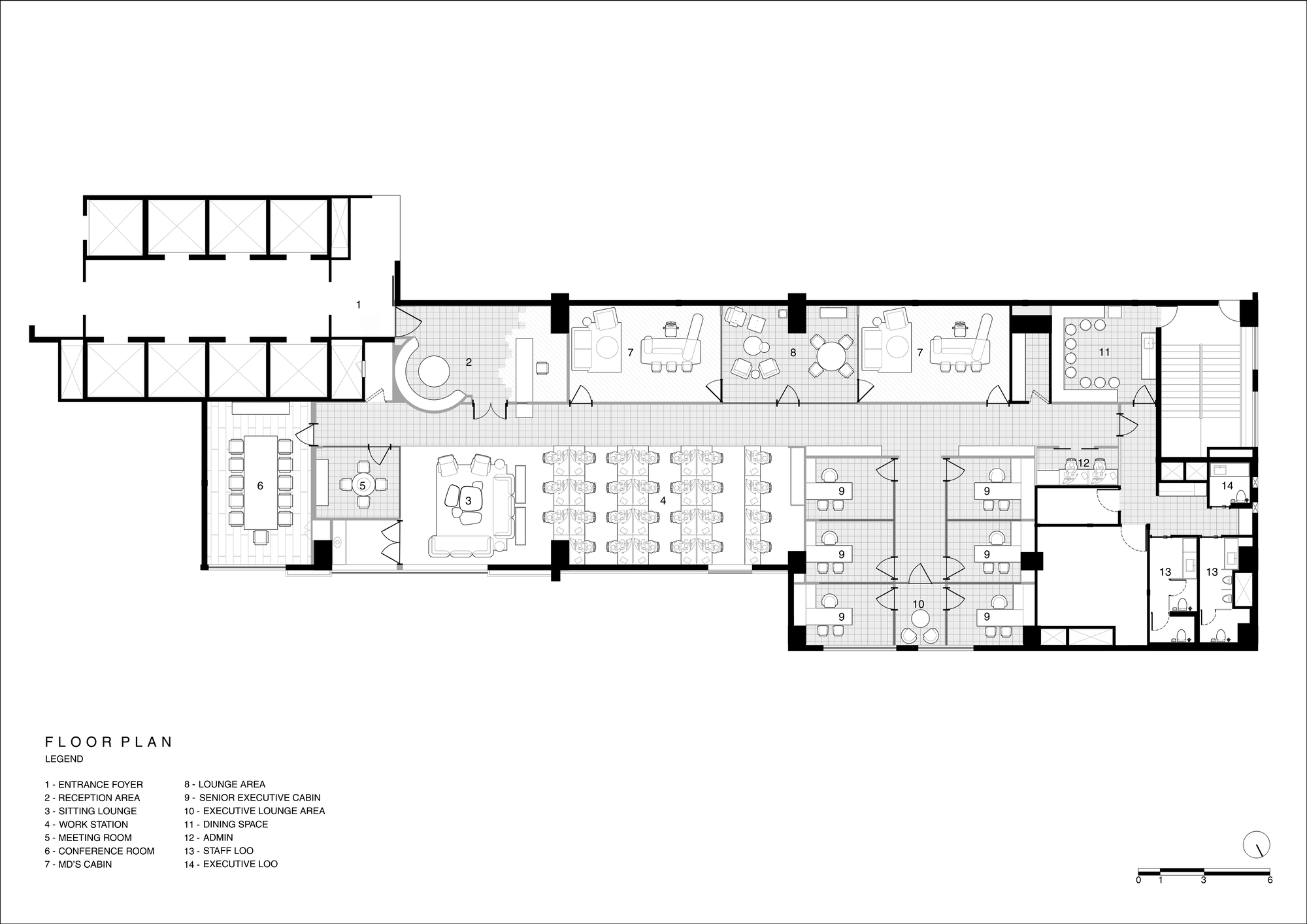Floor plan drawing showing office layout with reception, meeting rooms, workstations, and executive areas