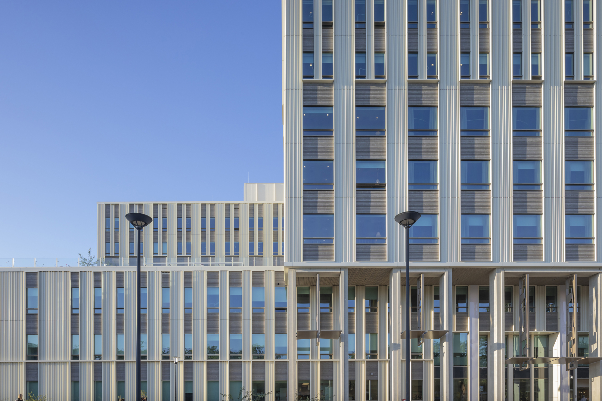 Facade detail showing vertical white fins alternating with glazed and timber-clad window bands