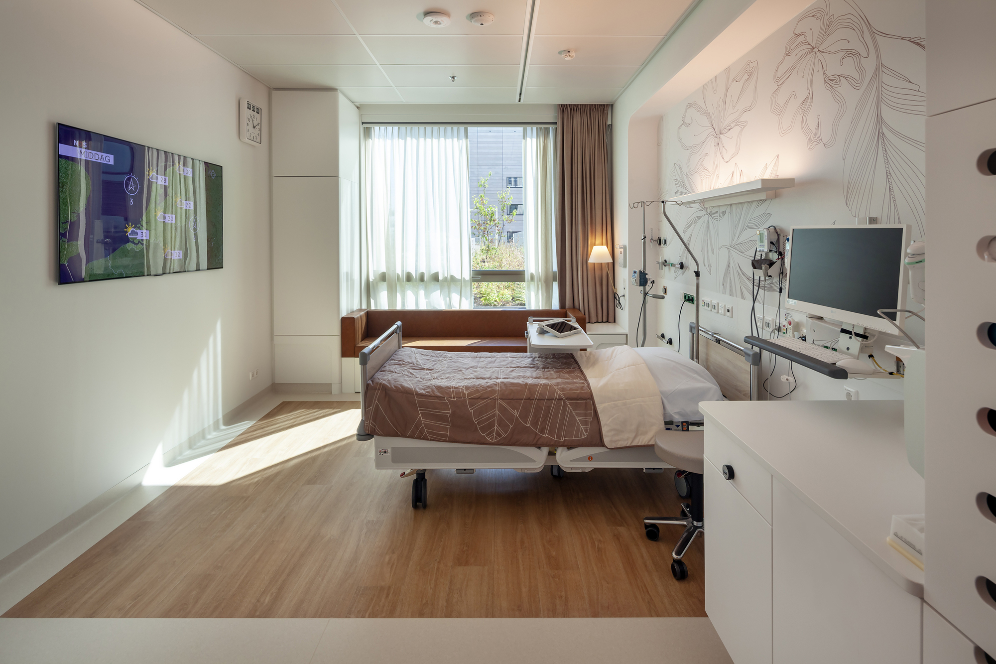 Patient room with wood flooring and large window framing greenery in daylight
