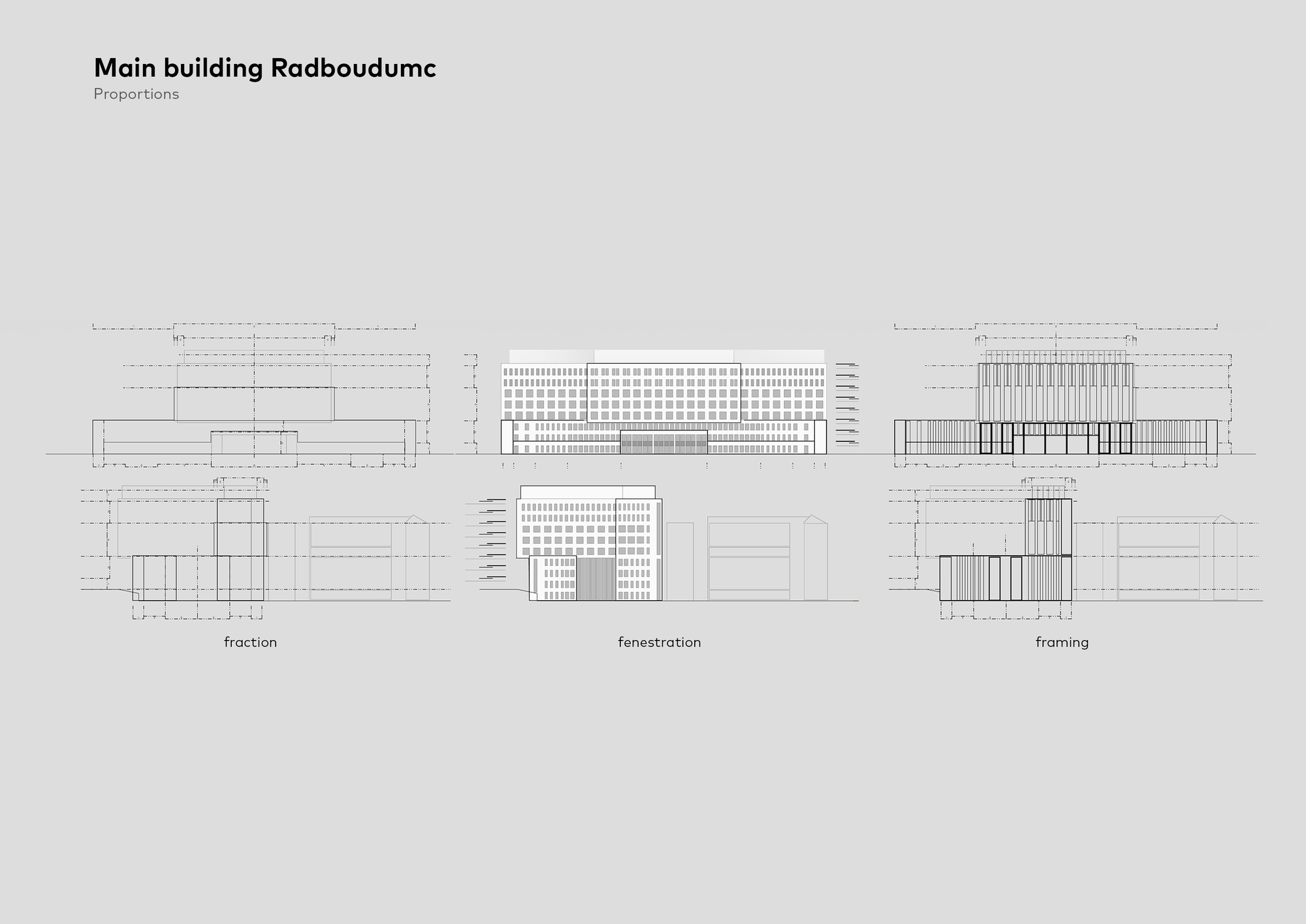 Elevation drawings showing the facade composition in three variations with vertical slat patterns