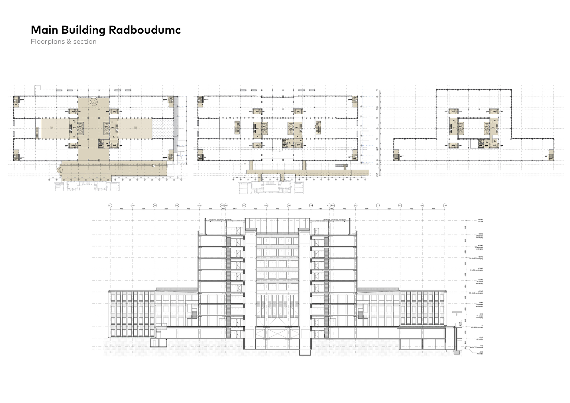 Floor plans and section drawing illustrating the building footprint and internal organization across multiple levels