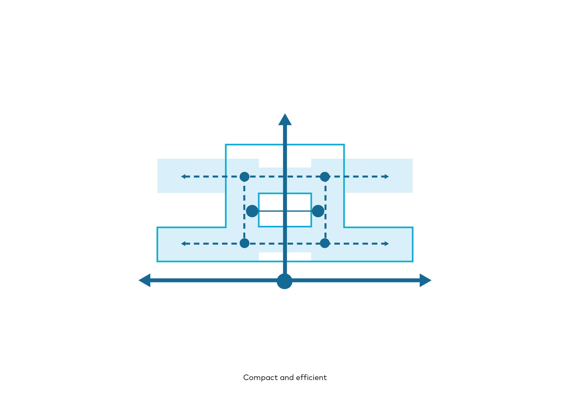 Schematic diagram drawing showing building circulation axes with blue arrows and dots indicating intersection points