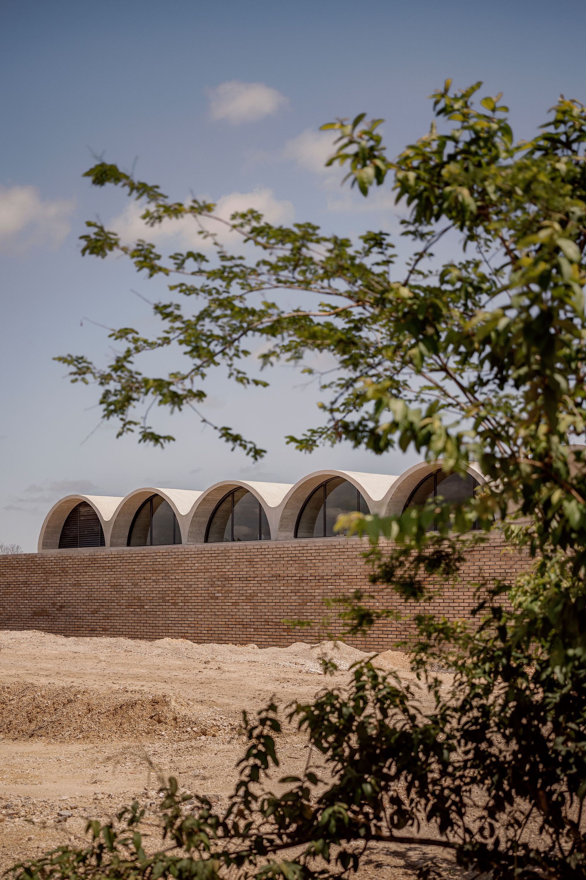 Series of concrete barrel vault roofs above brick perimeter wall framed by foreground trees