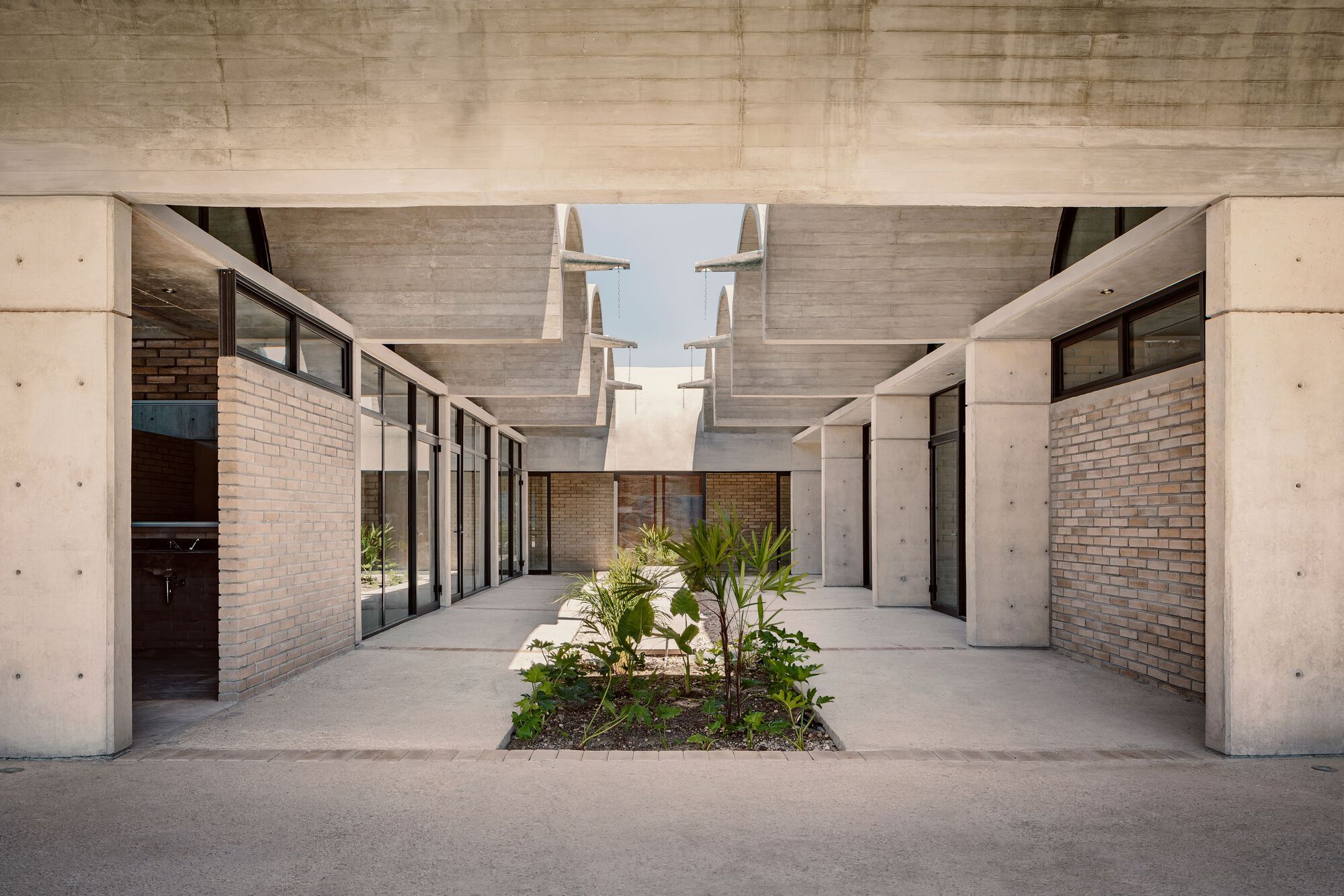Interior courtyard with planted bed flanked by glazed corridors and paired sculptural skylights overhead