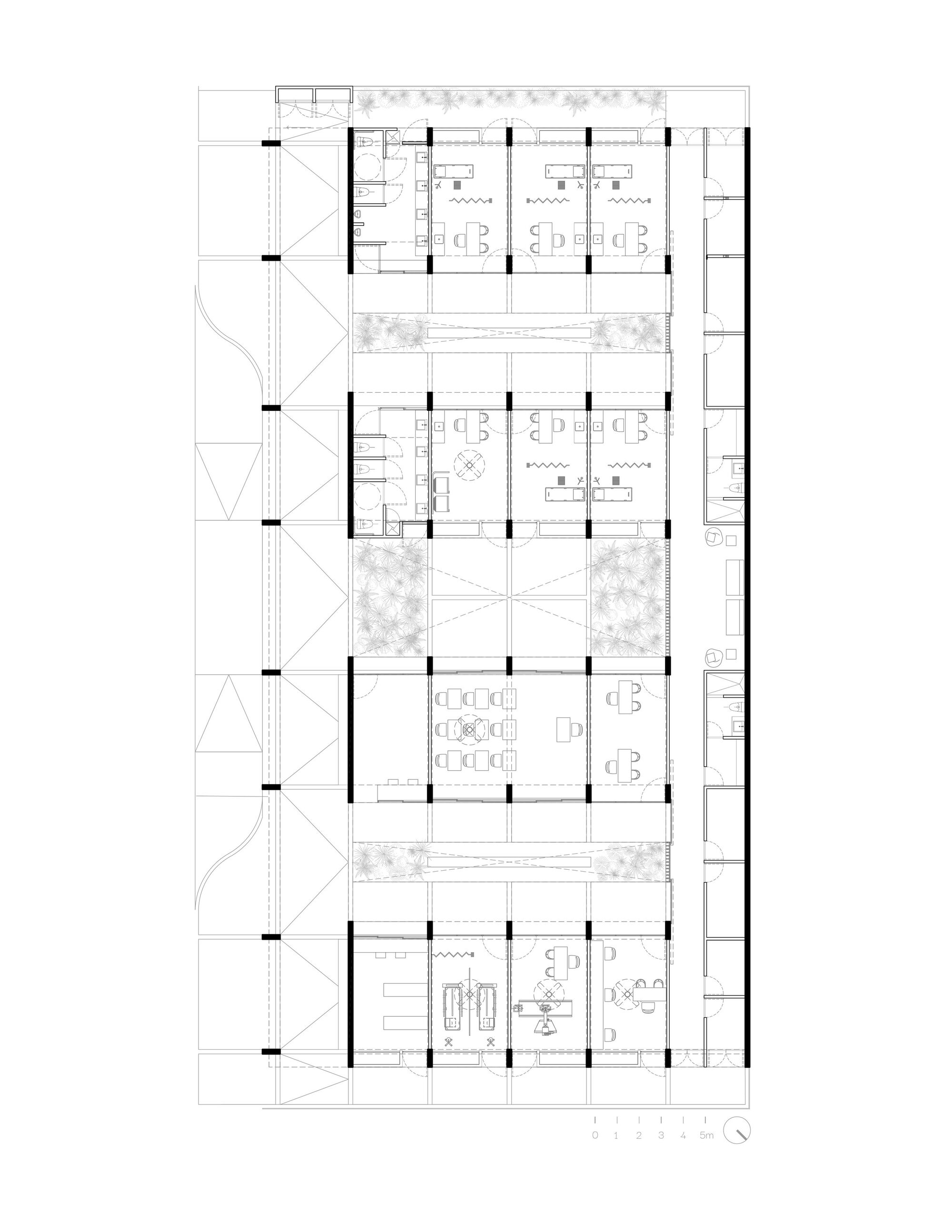 Floor plan drawing showing courtyard-centered layout with perimeter offices and planted terraces