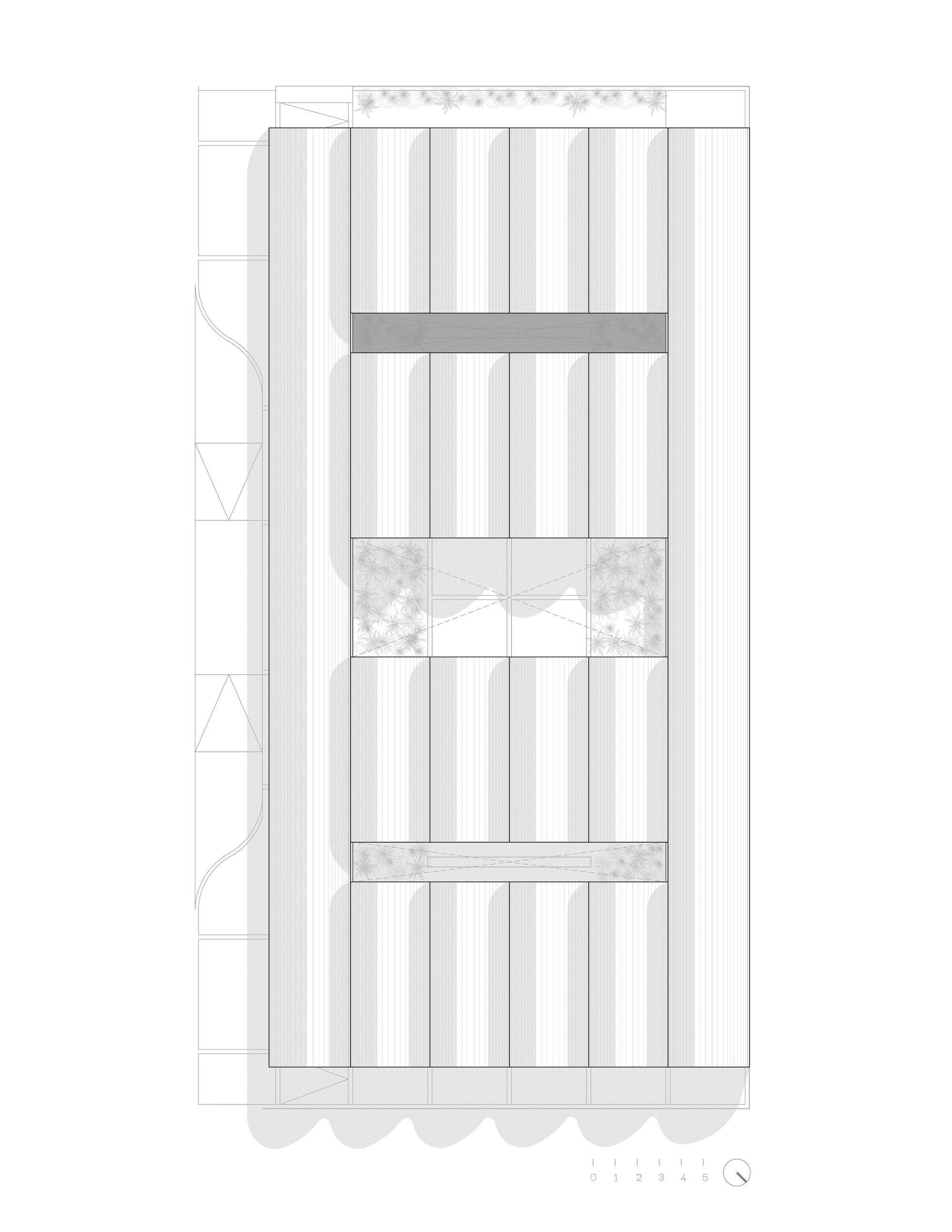Elevation drawing showing vertical facade with alternating solid and planted horizontal bands