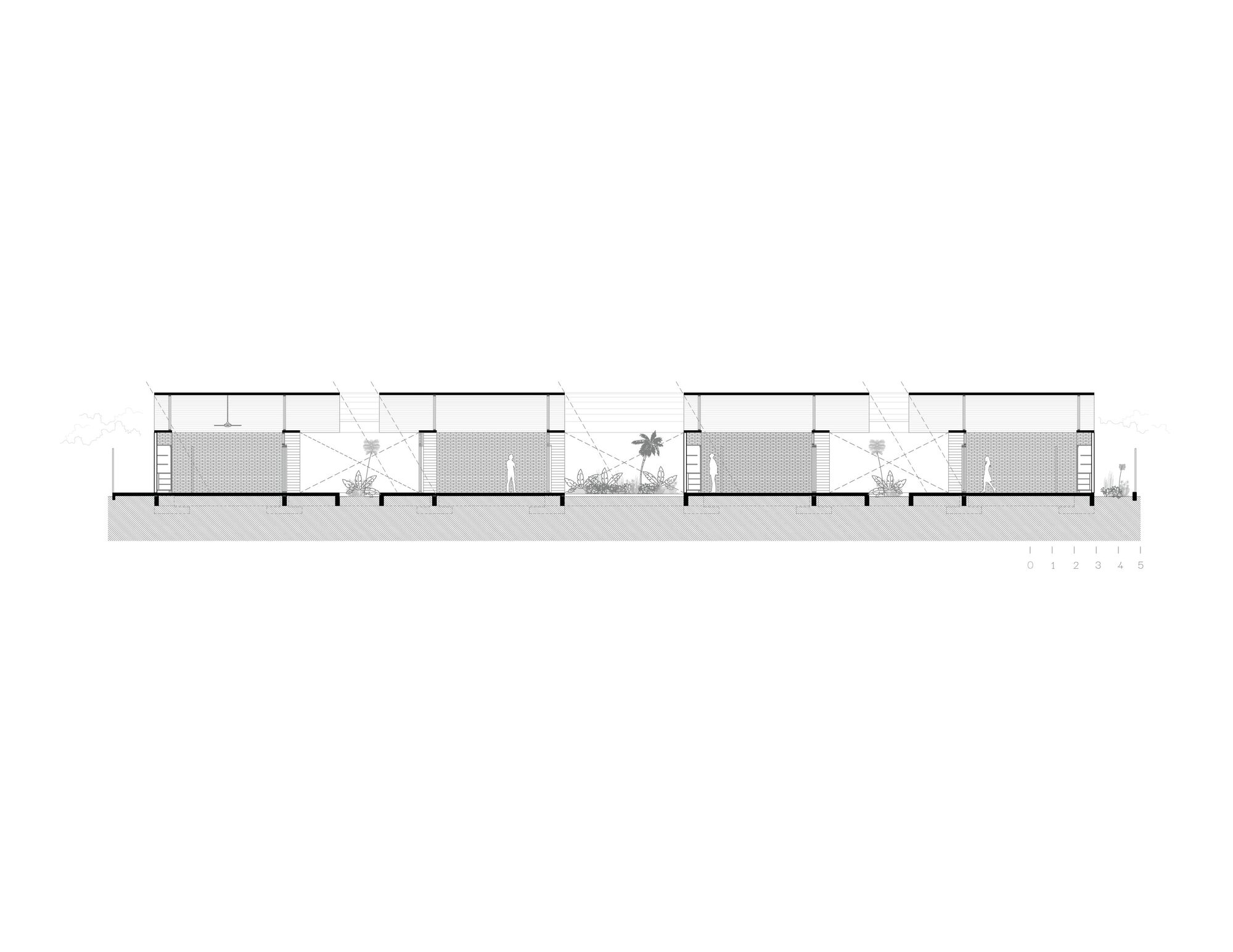 Section drawing showing repeating modules with flat roofs and courtyard spaces between units