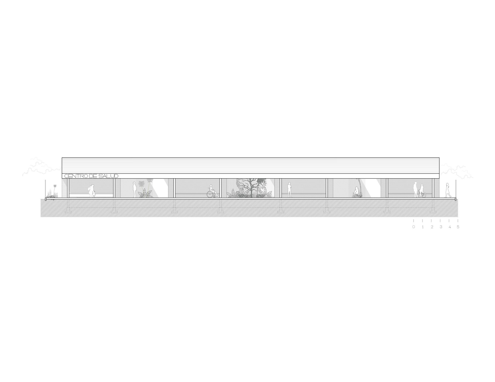 Elevation drawing of a long horizontal structure with glazed openings and silhouetted figures inside