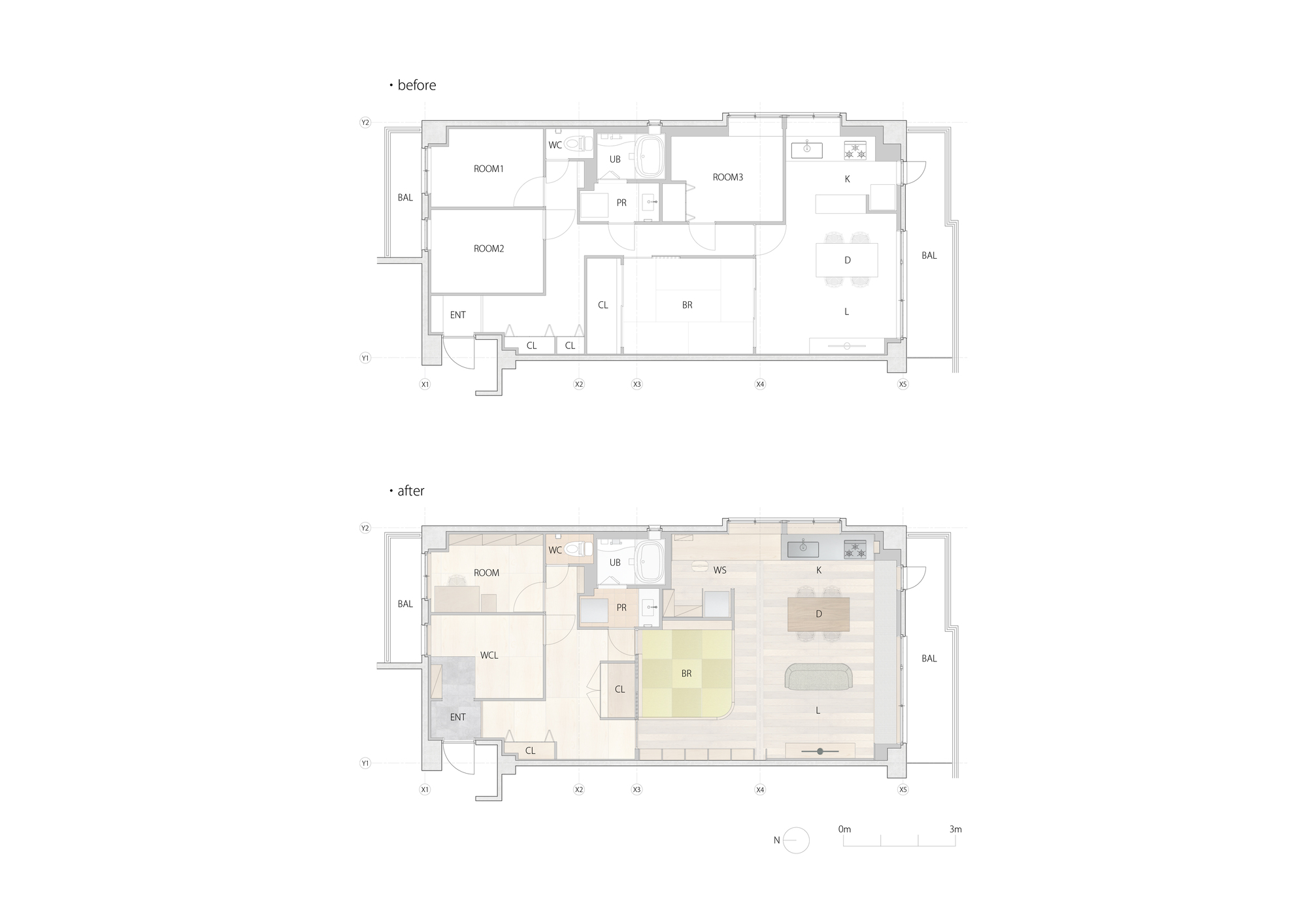 Before and after floor plan drawings showing the reorganization of room divisions and circulation patterns