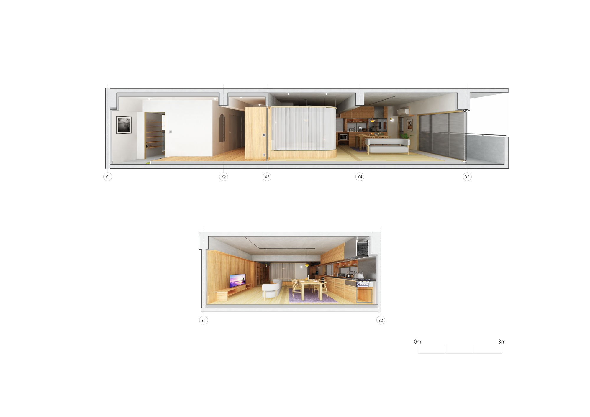 Longitudinal and transverse section drawings displaying the spatial arrangement from entry to kitchen with timber finishes