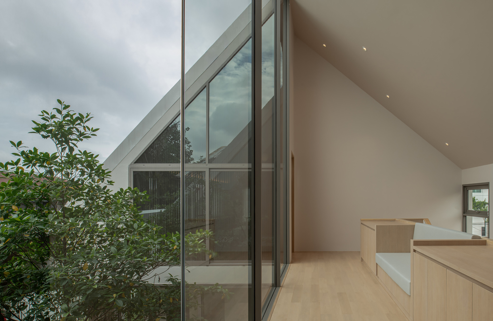 Sloped glass facade beside stepped timber seating overlooking interior courtyard tree under grey sky