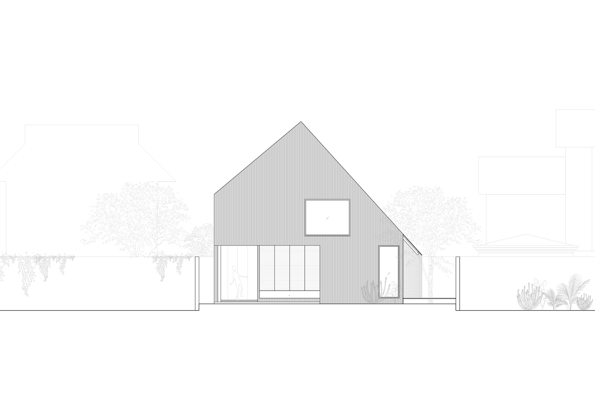 Elevation drawing showing a gabled volume with vertical cladding and glazed openings flanked by landscape elements