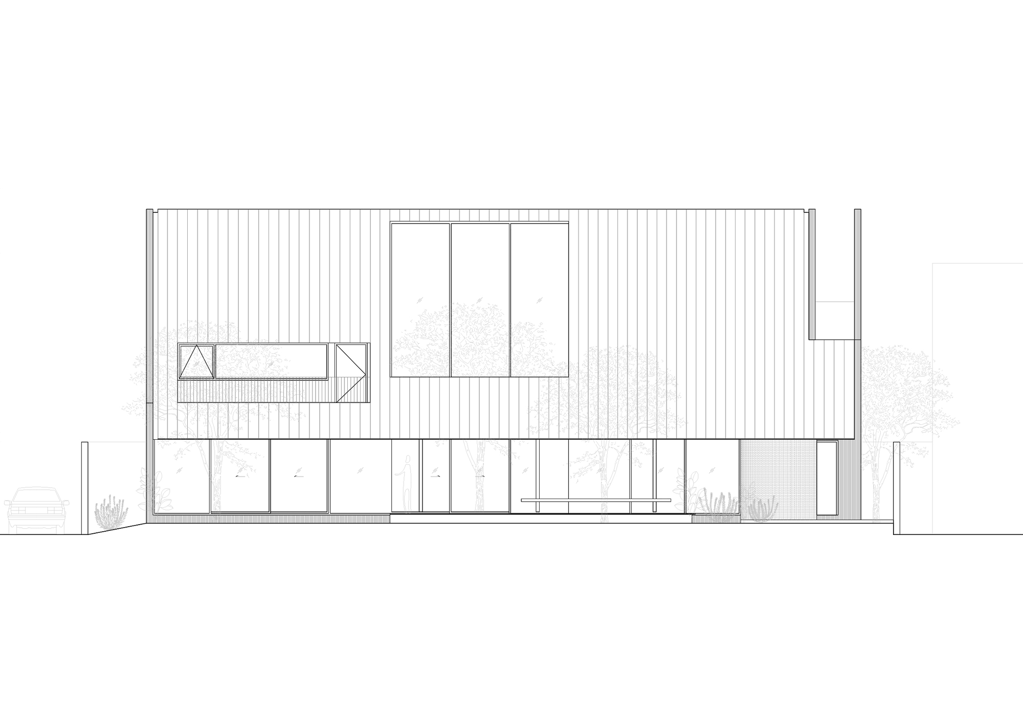 Elevation drawing depicting a two-story facade with vertical cladding, ribbon windows, and a rooftop courtyard opening