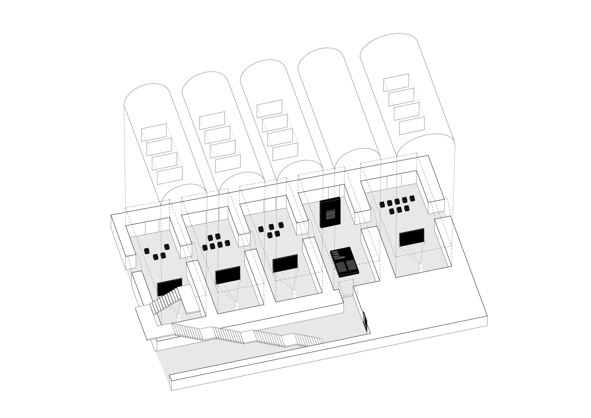 Axonometric drawing showing five vaulted volumes connected by a circulation spine with scattered interior blocks