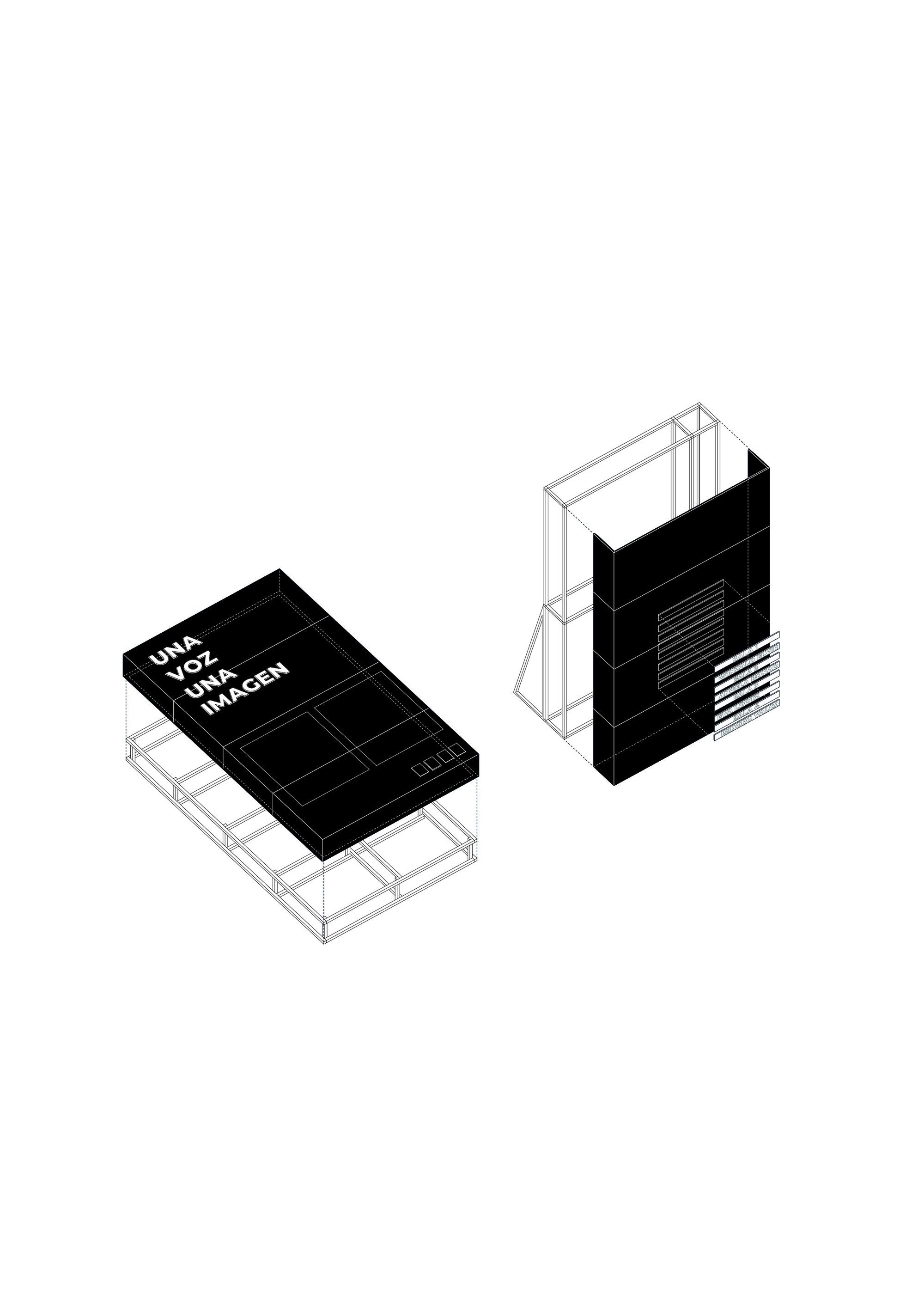 Isometric drawing showing two volumes with exposed structural frames and solid black cladding elements
