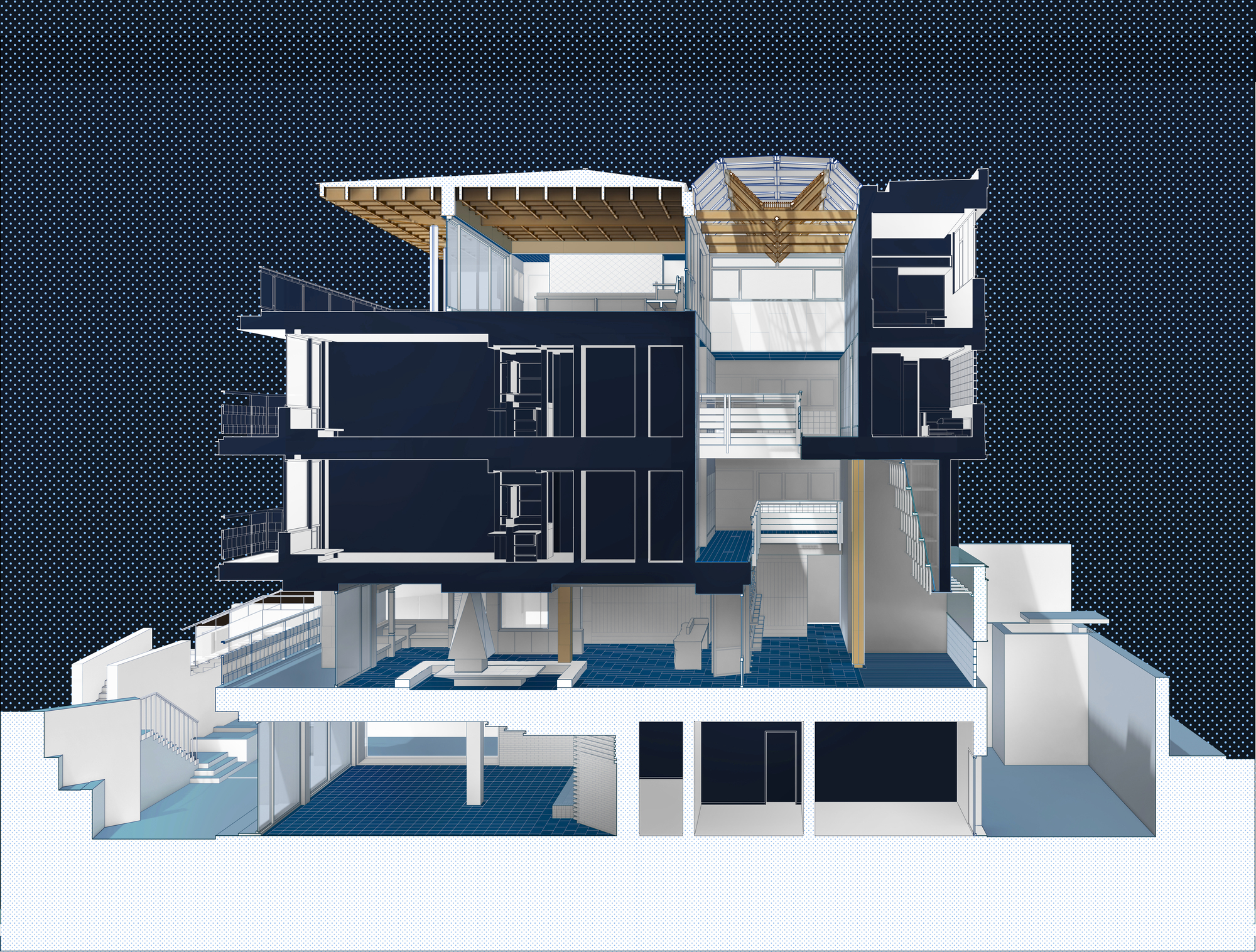 Section model showing multi-level interior spaces with timber roof structure and terraces