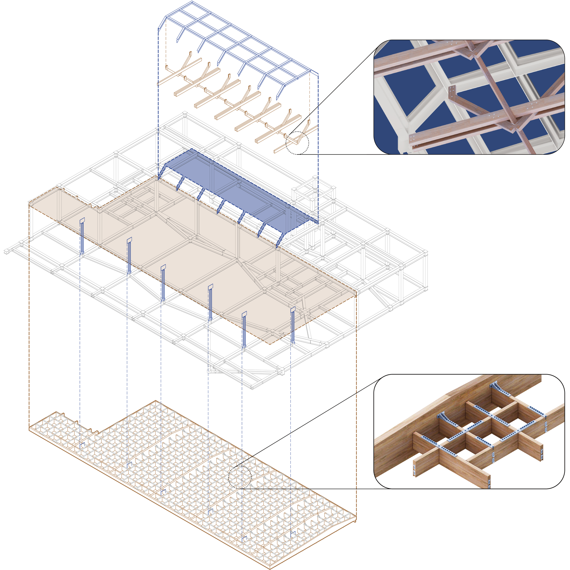 Axonometric drawing showing structural system with timber grid roof and steel columns with detail callouts