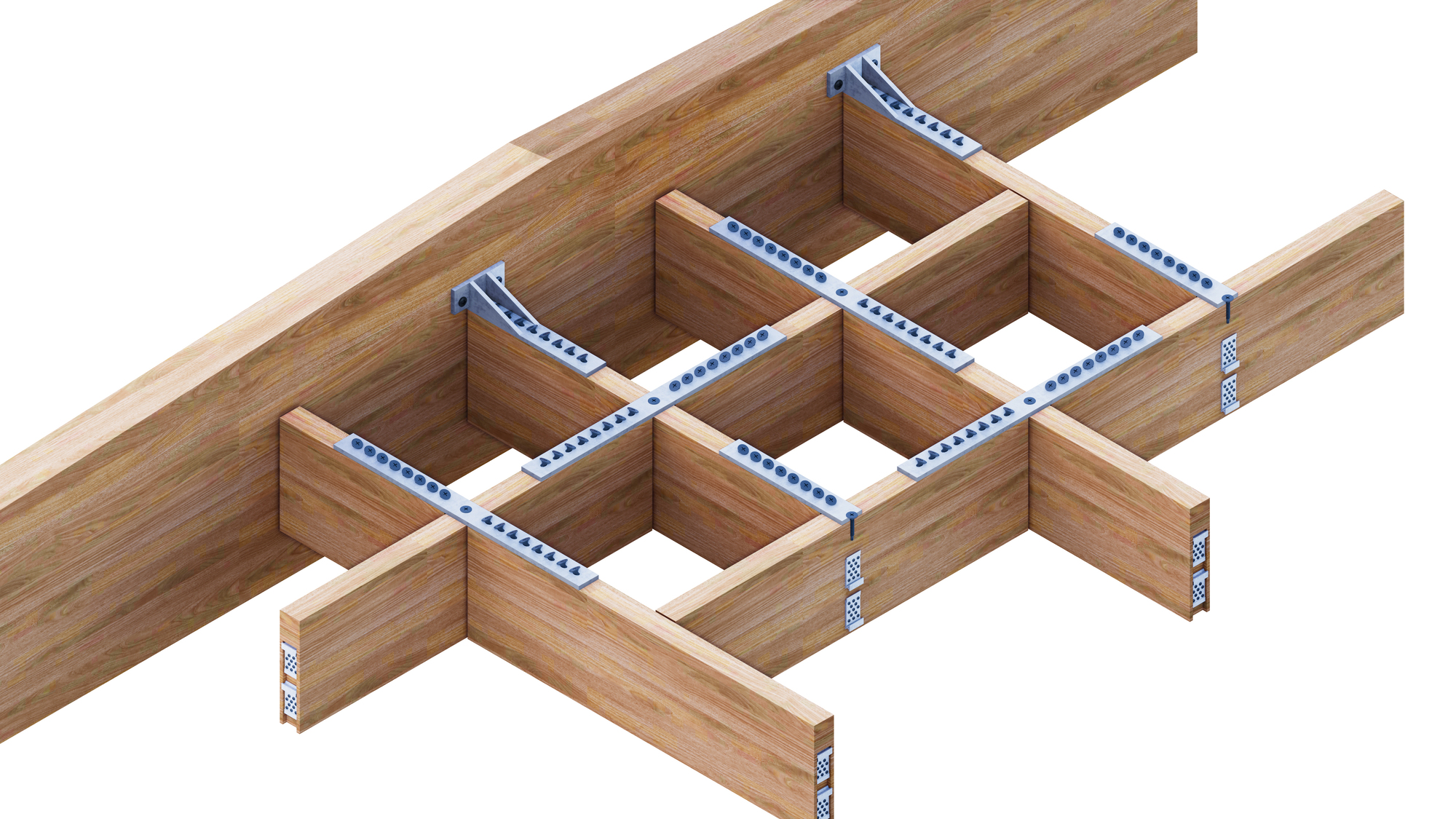 Isometric detail of timber beam joinery with steel connection plates at grid intersections