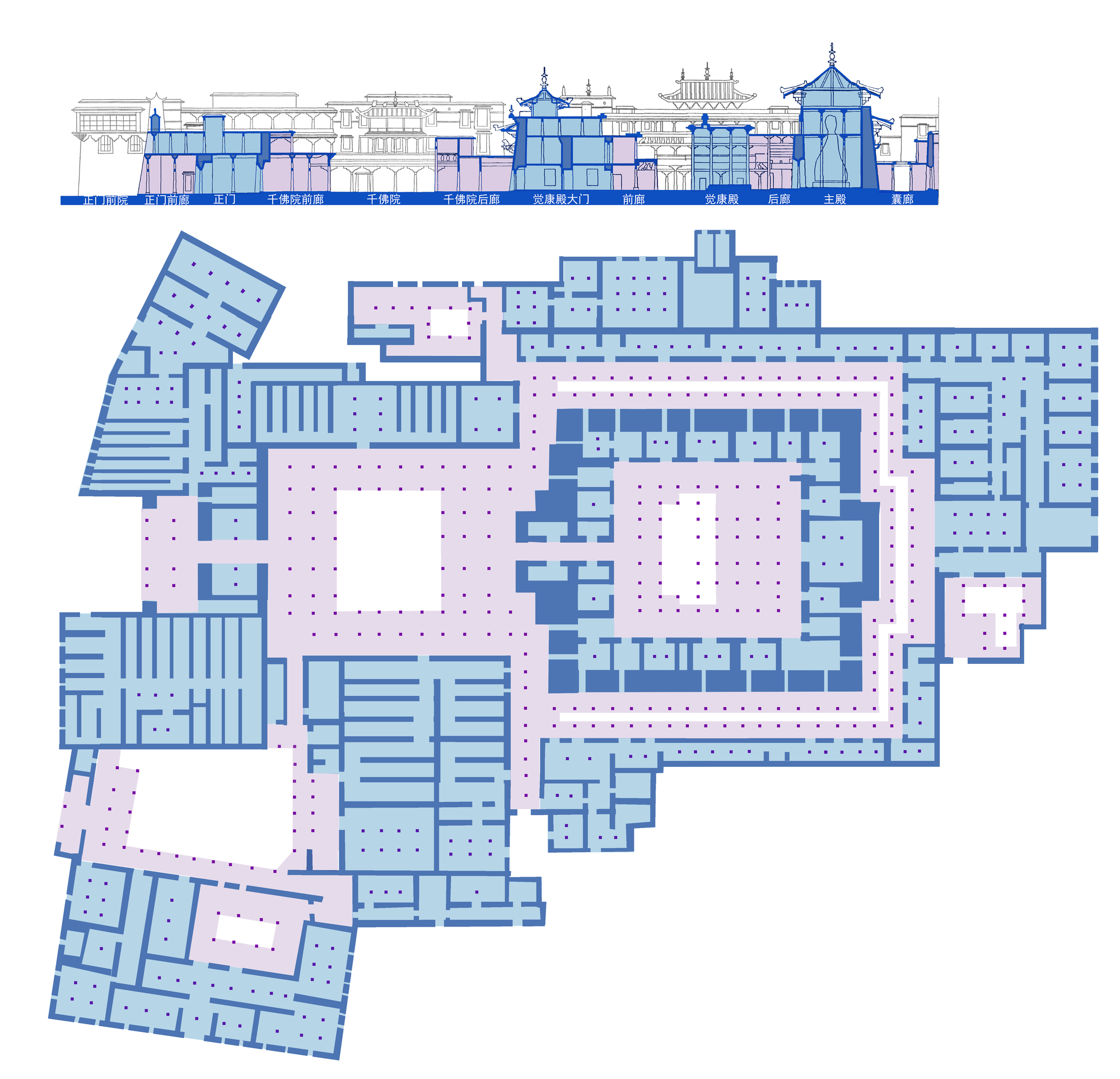 Floor plan and elevation drawing showing a large building complex with central courtyard