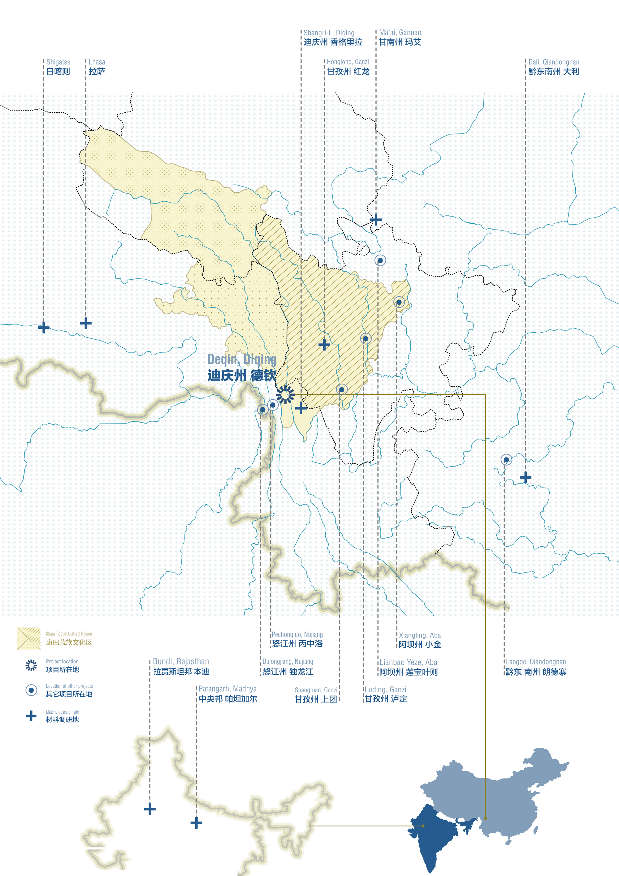 Site map diagram showing regional boundaries with rivers and administrative zones marked with crosses