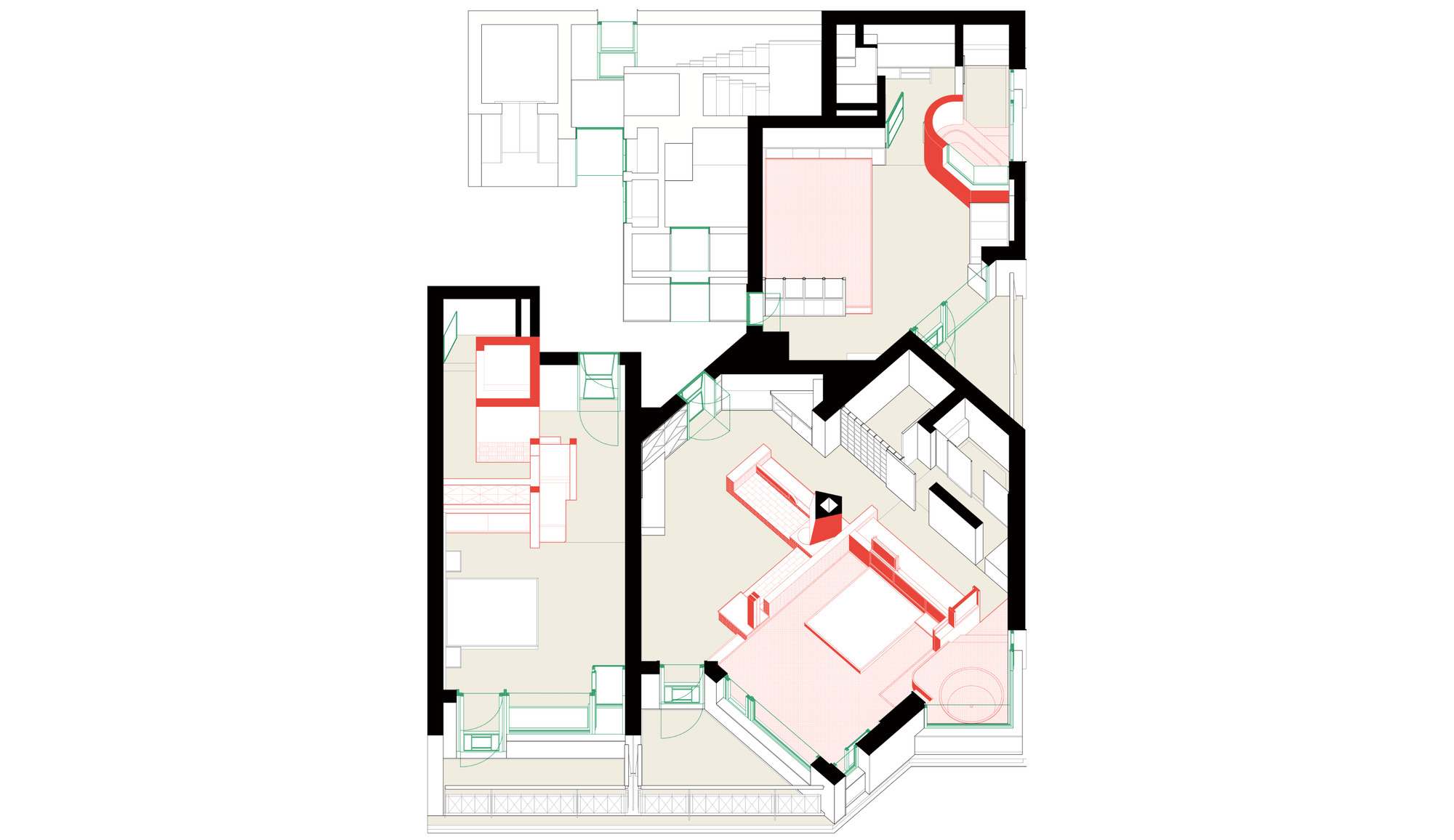 Floor plan drawing with angled walls and red circulation paths connecting interior rooms