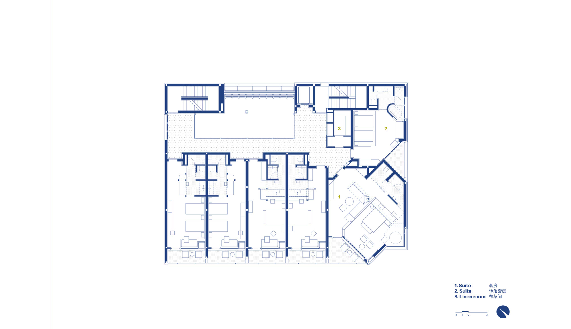 Floor plan drawing depicting four parallel rows of seating and an angled corner gathering space