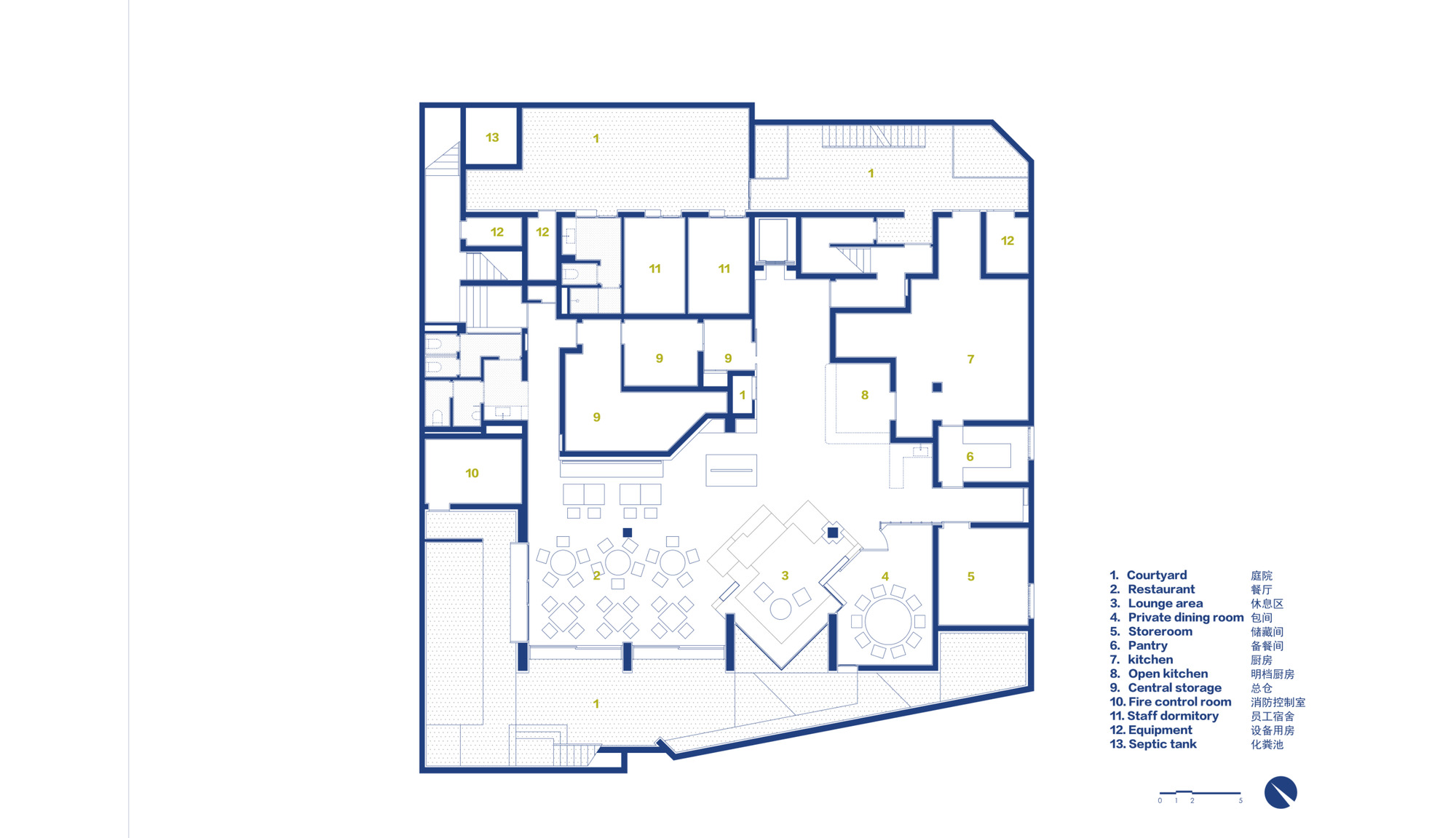 Floor plan drawing showing restaurant and lounge areas surrounding a central courtyard with diagonal grid paving
