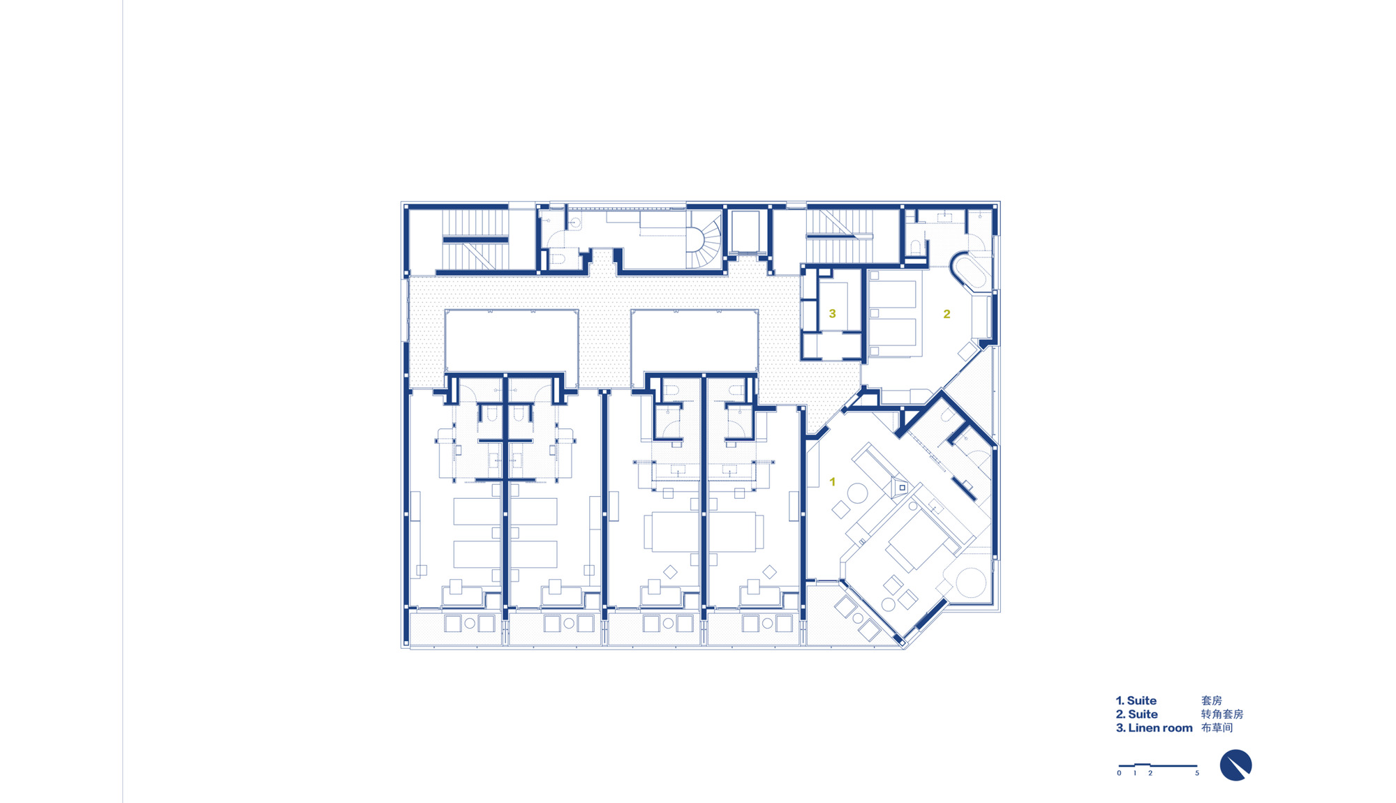 Floor plan drawing showing multiple suite rooms with ensuite bathrooms arranged along a corridor