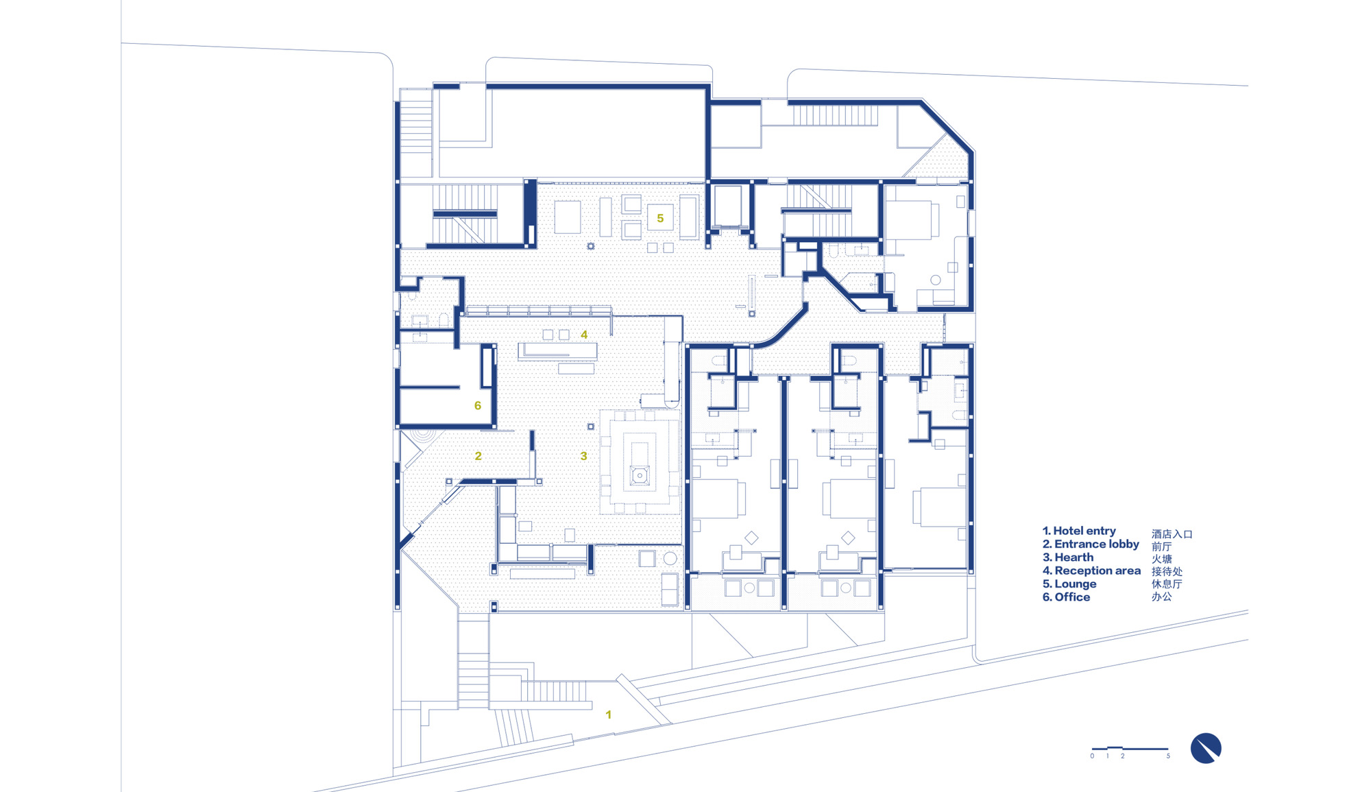Floor plan drawing illustrating entry lobby and reception areas with adjacent office and service spaces