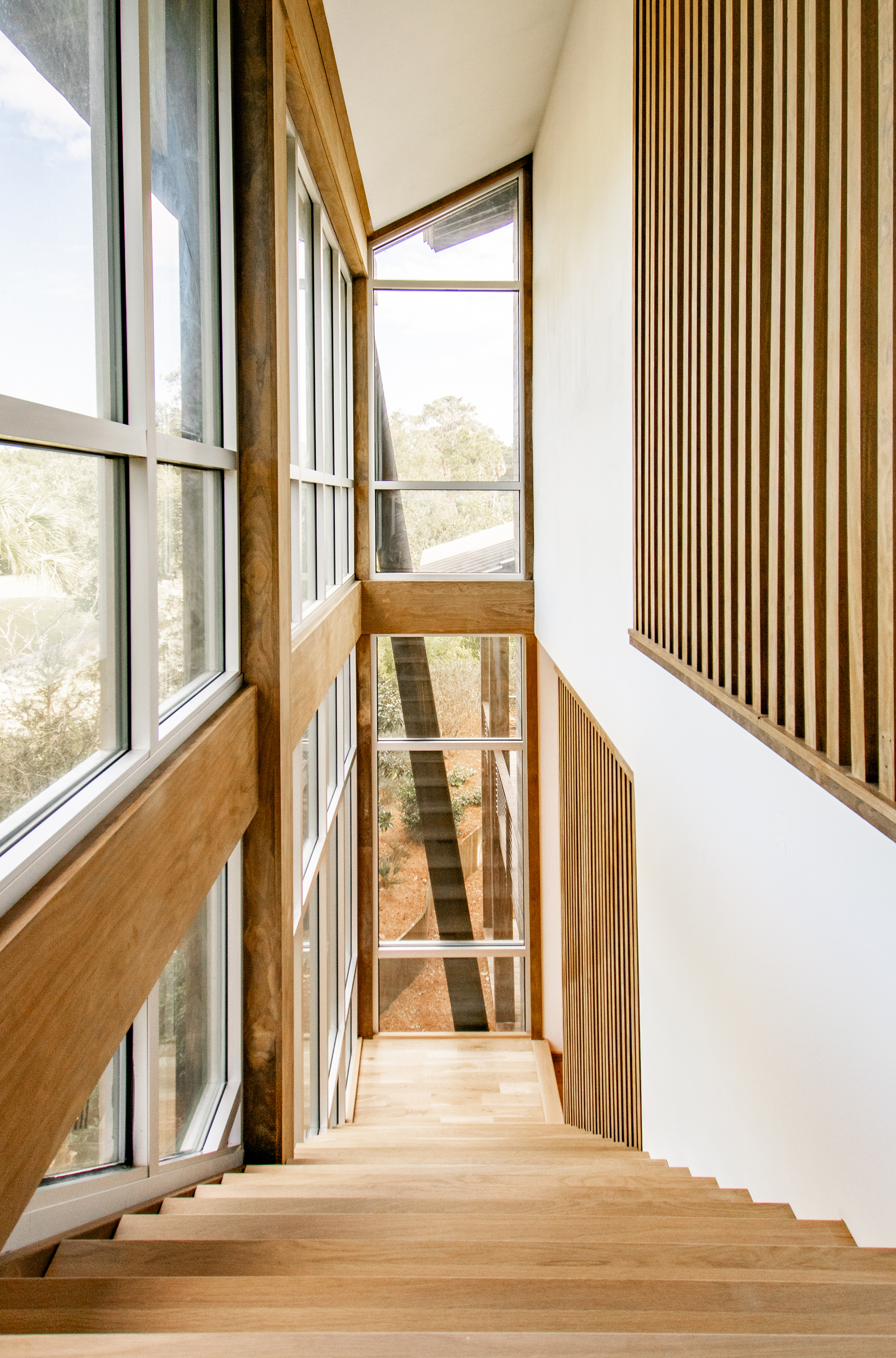 Timber staircase descending alongside floor-to-ceiling windows with vertical wood slat screens on white walls