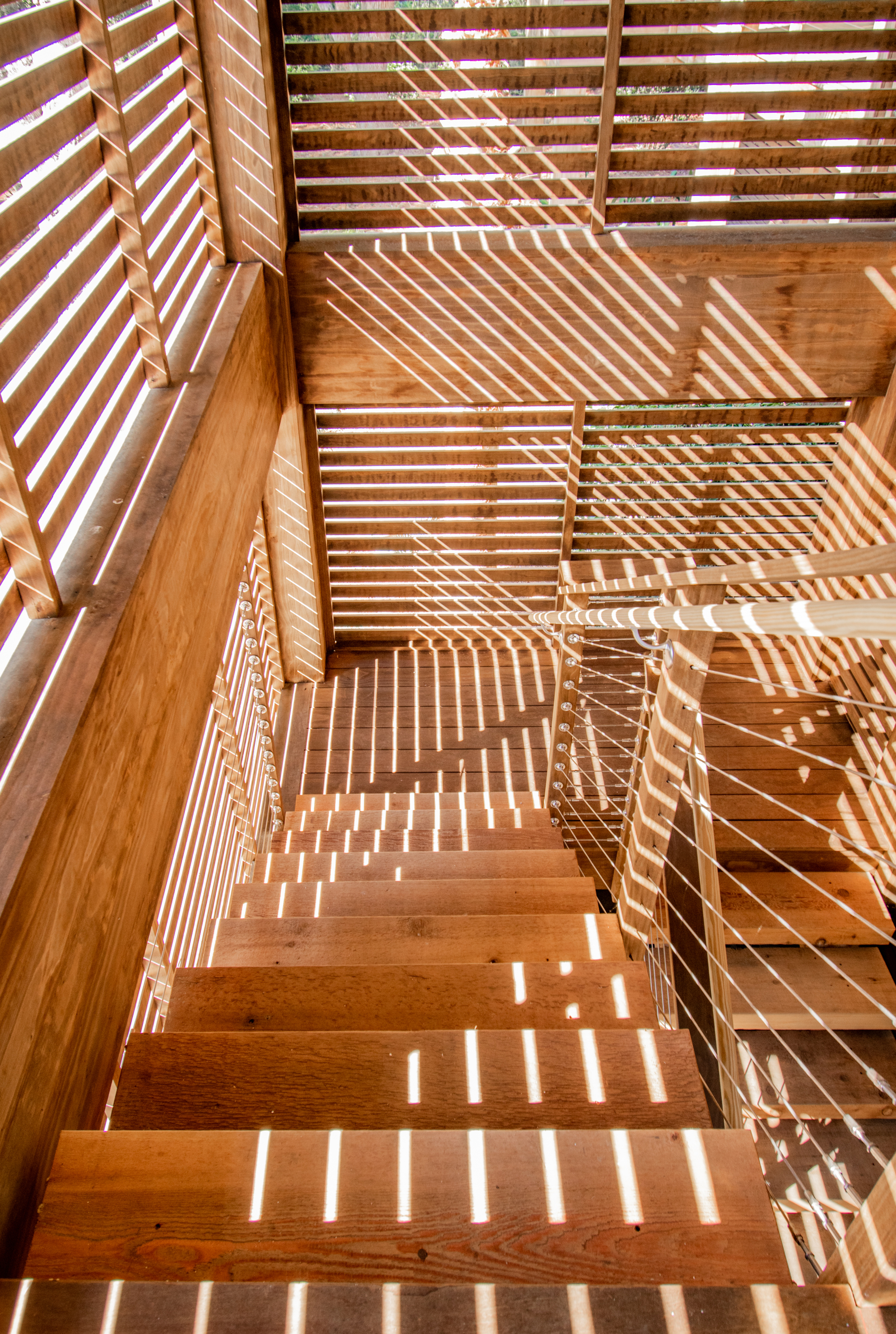 Top-down view of wooden stairwell with dappled sunlight filtering through horizontal timber louvers