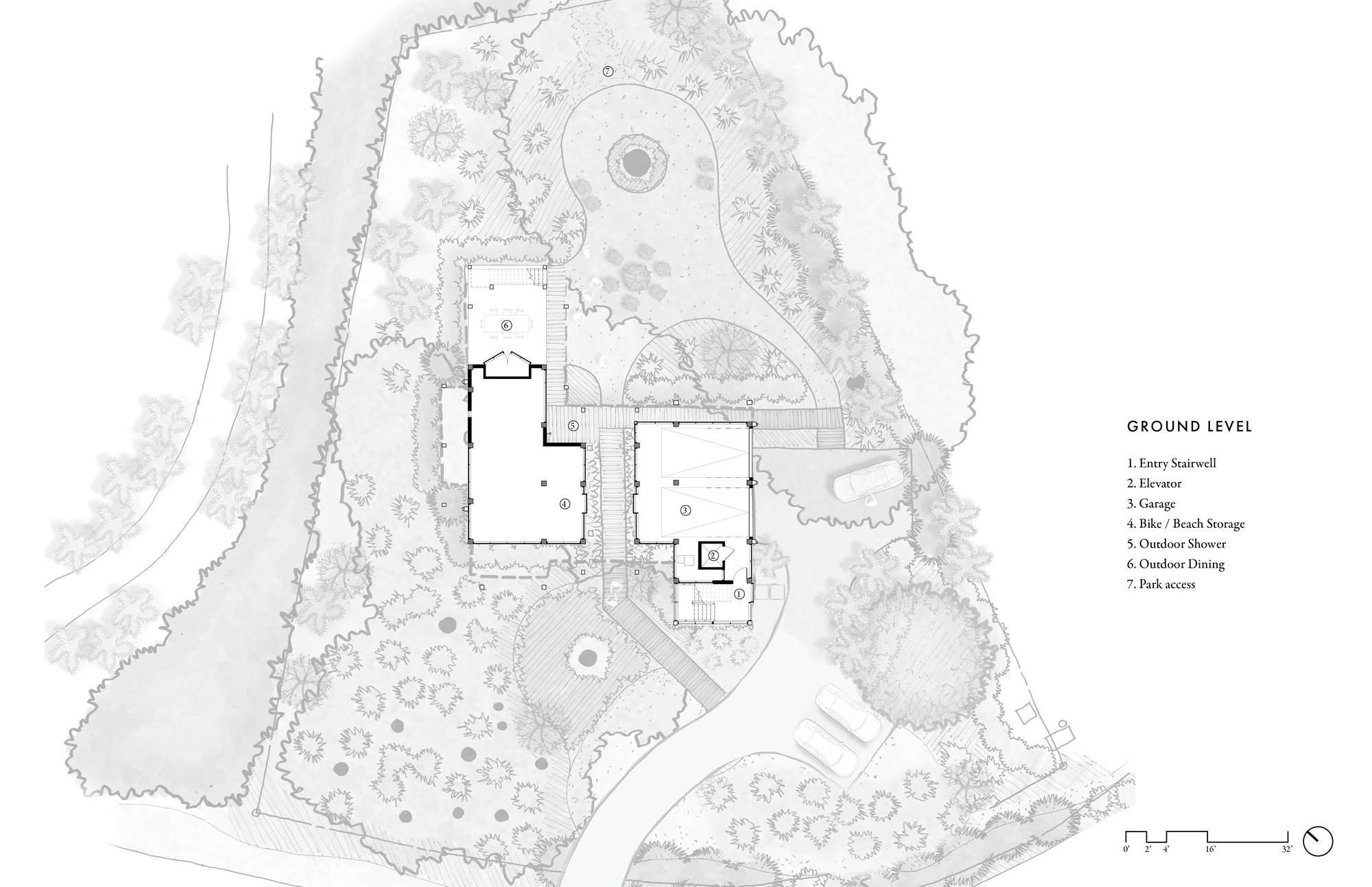 Ground level site plan showing building footprint surrounded by landscaped terrain and tree canopies