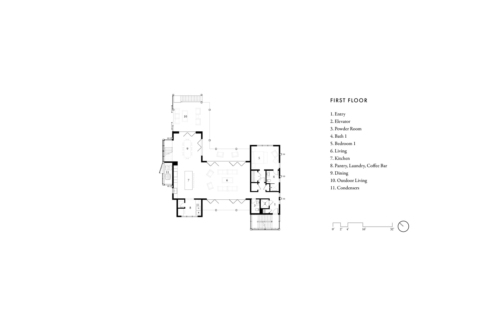 First floor plan drawing showing interconnected rooms arranged in a branching layout with entry porches