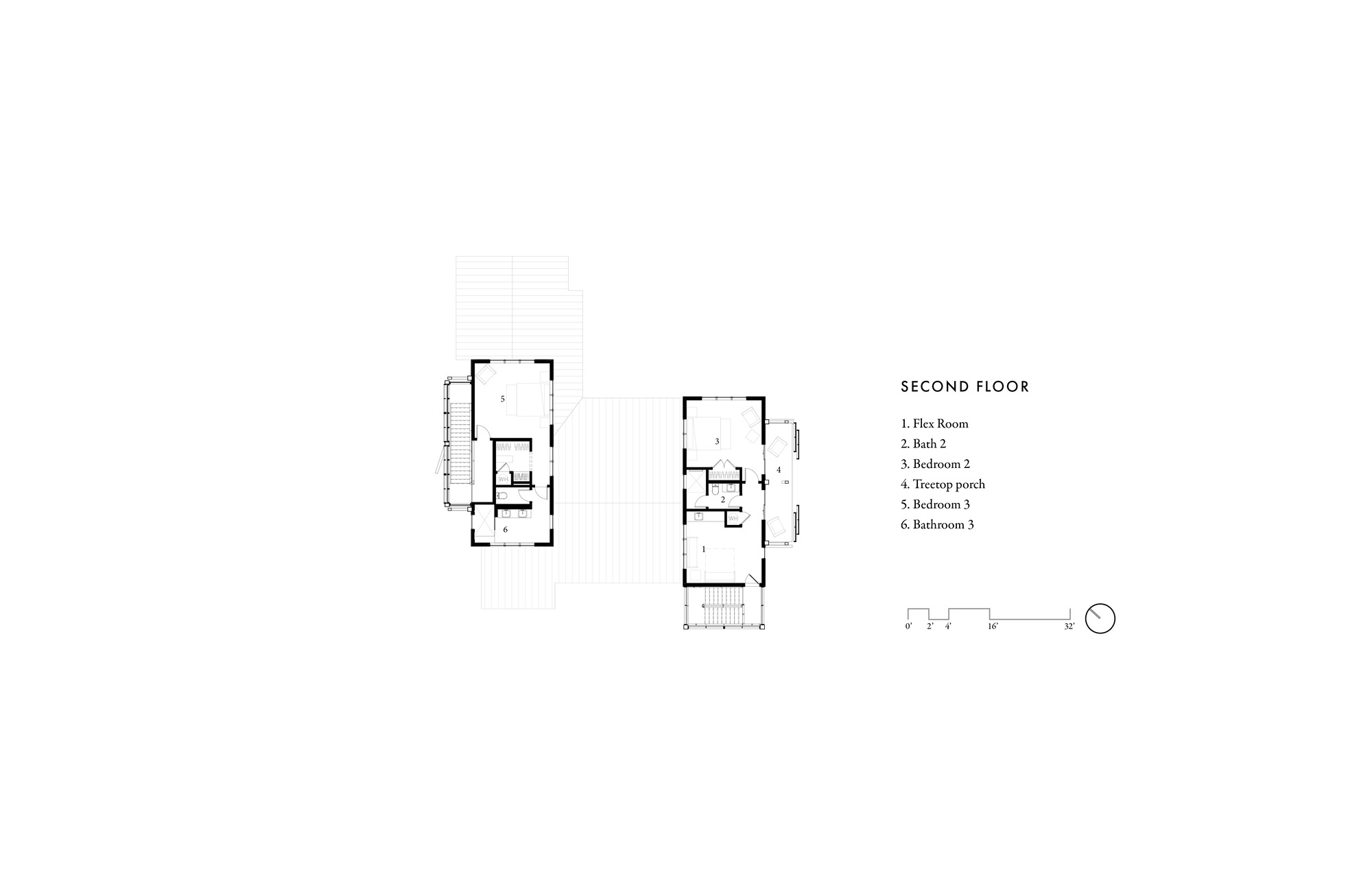Second floor plan drawing showing three bedrooms and two bathrooms with a treetop porch