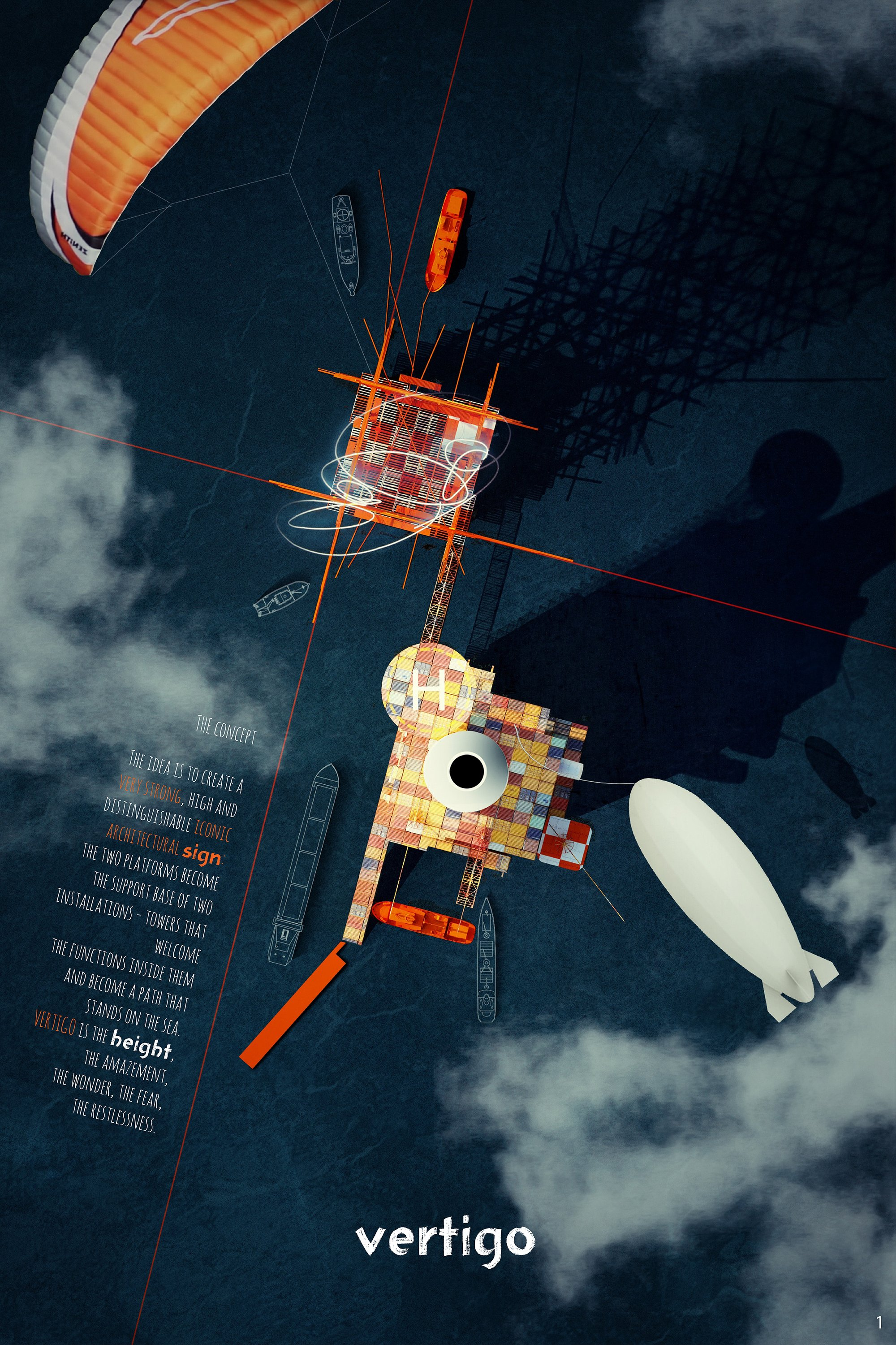 A monumental adaptive reuse architecture concept transforming abandoned oil rigs into immersive cultural landmarks at sea.