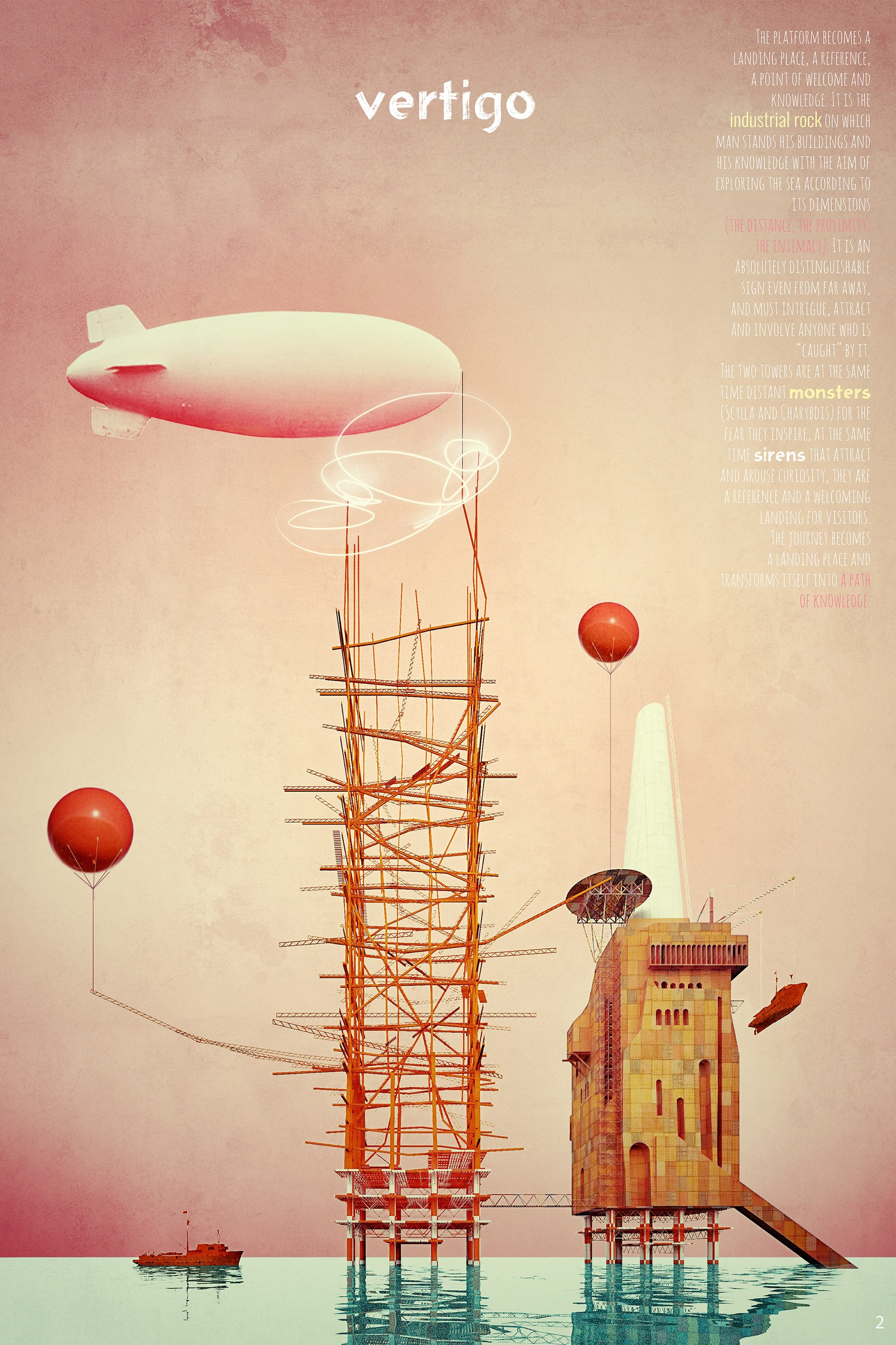 Vertigo reimagines offshore infrastructure through experimental architecture, vertical exploration, and maritime symbolism.