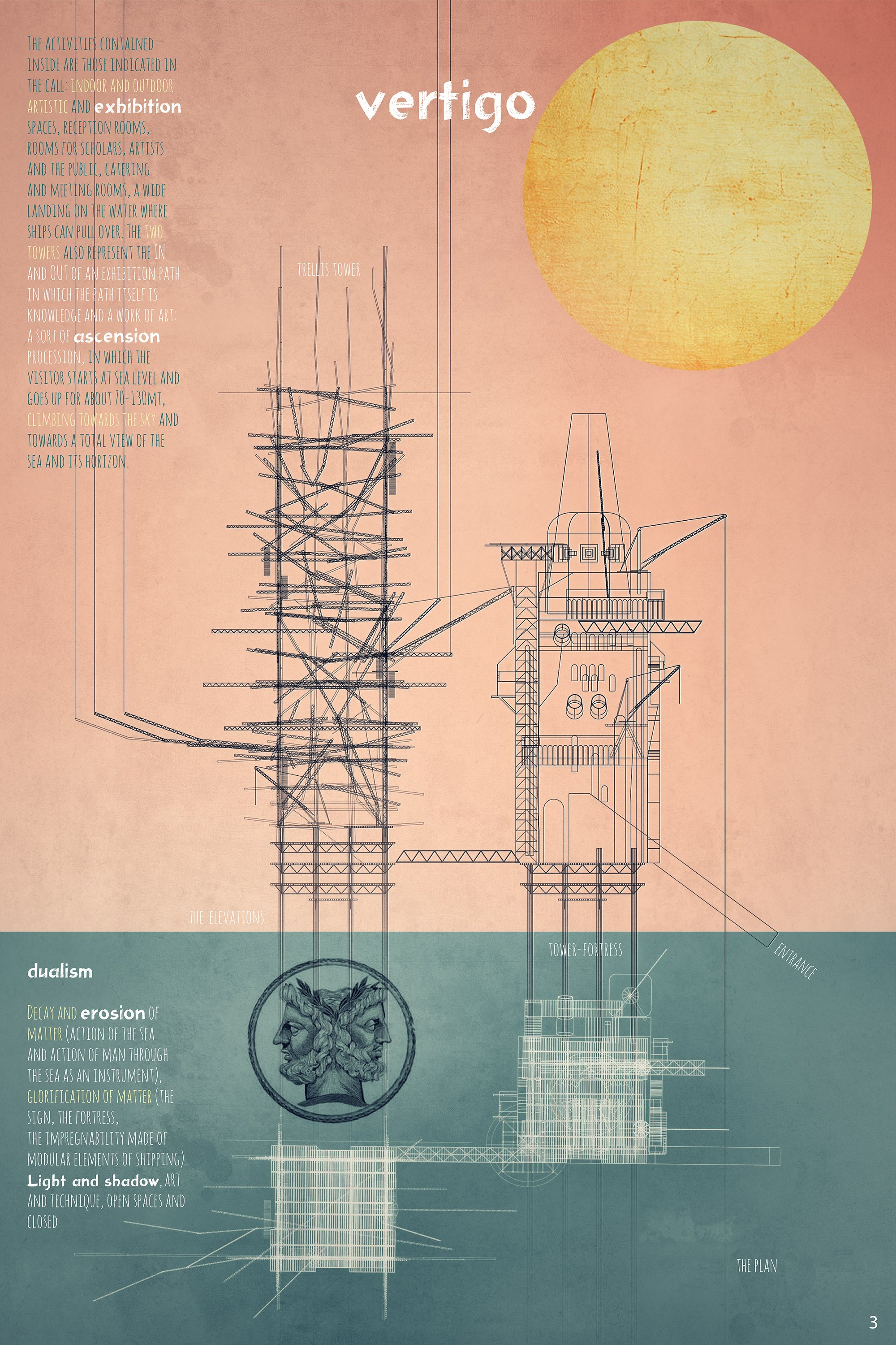 Floating above the Mediterranean, the twin towers create a surreal dialogue between industry, nature, and human curiosity.