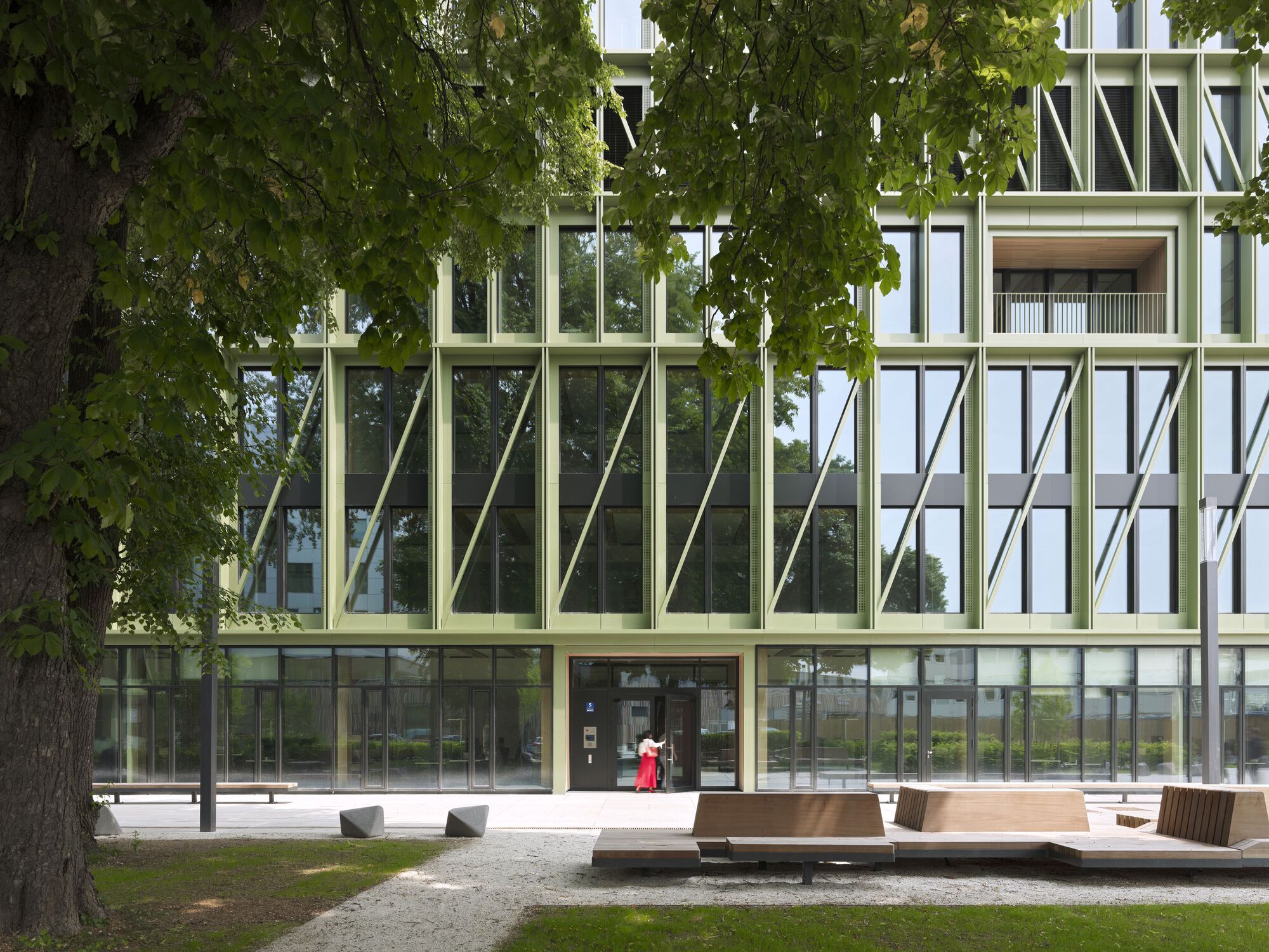 Ground-level entrance with green structural bracing behind mature trees and a timber bench in the plaza