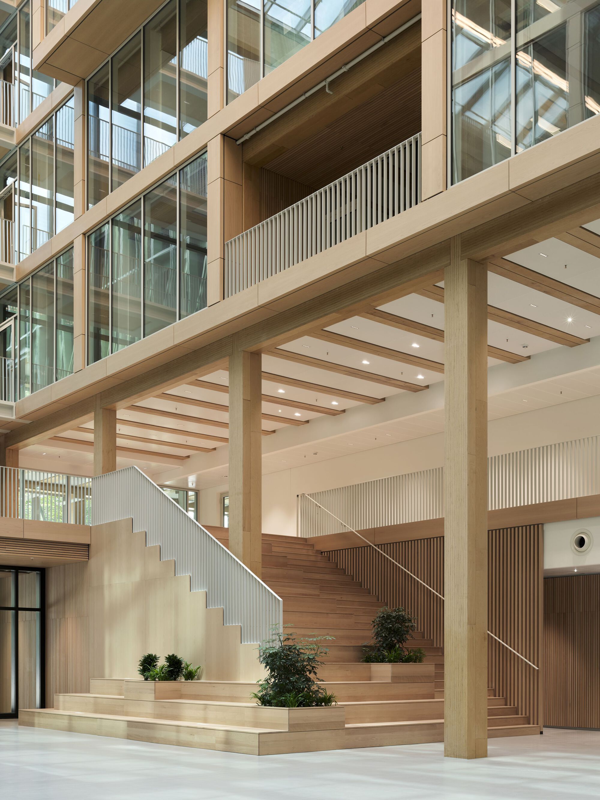 Multi-level timber staircase with exposed beams, glass railings, and potted plants on the landings