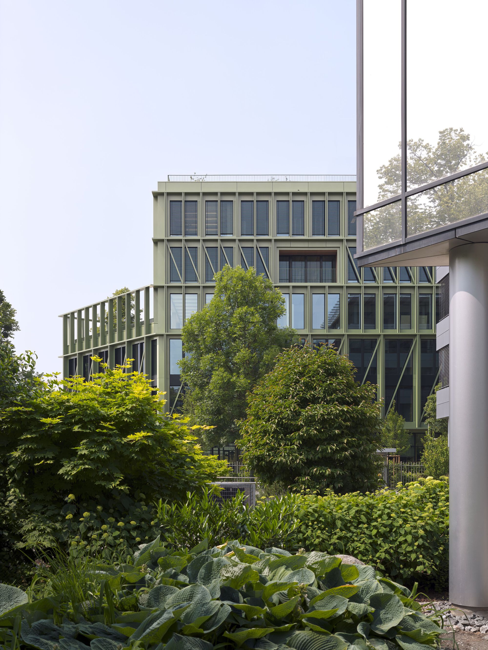 Rear view of the timber-framed facade seen through a foreground garden of hostas and ornamental grasses